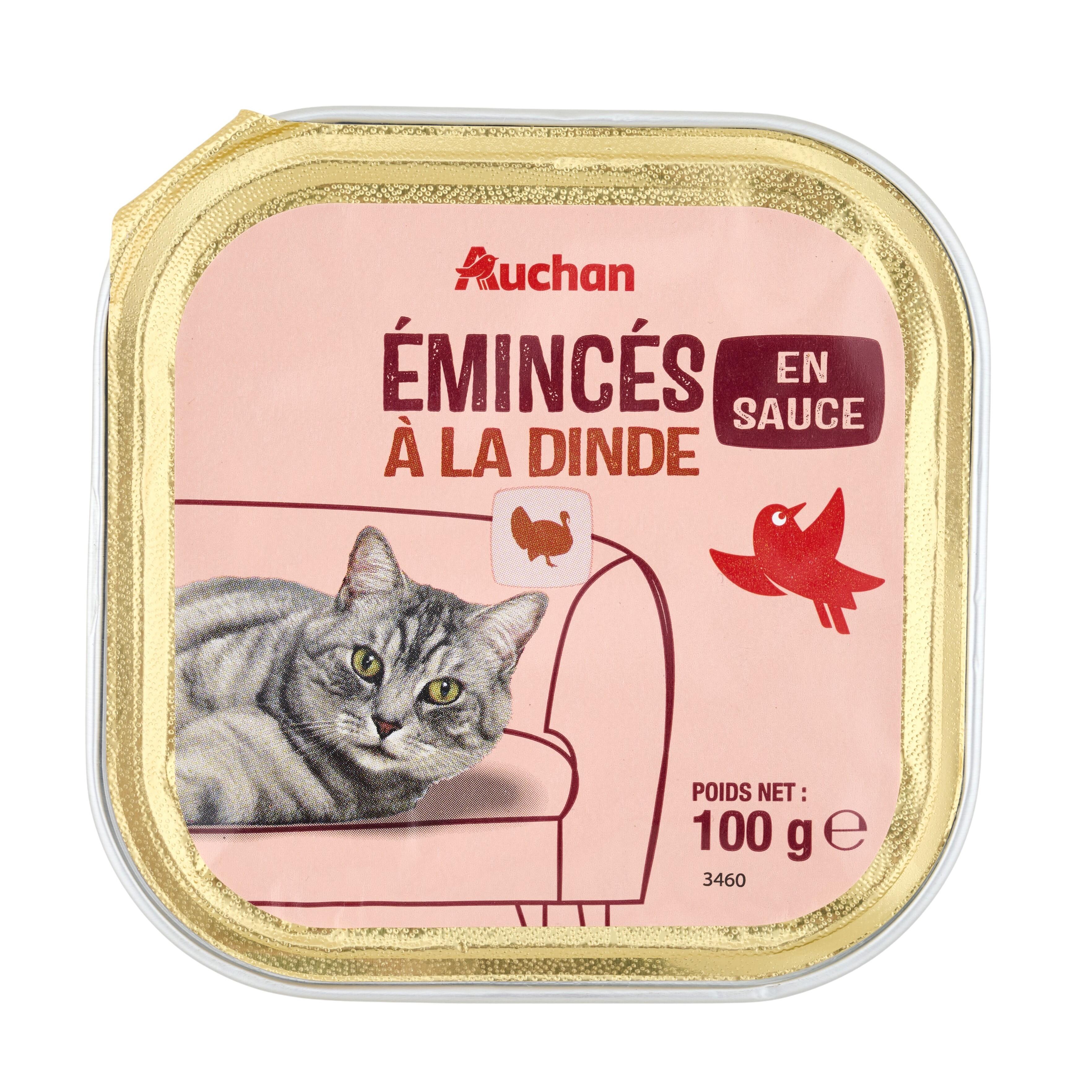 Voir la diapositive 3 : AUCHAN Barquette émincés à la dinde en sauce pour chat 100g