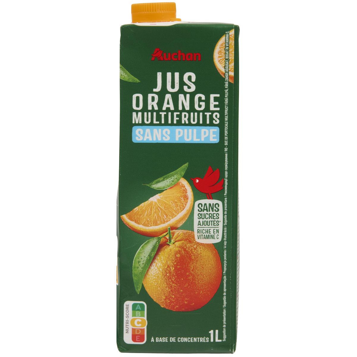 AUCHAN Jus d'orange multifruits à base de concentrés sans sucres ajoutés sans pulpe 1l