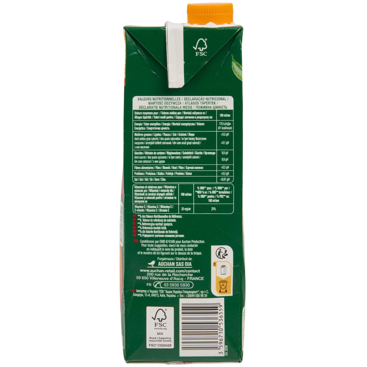 AUCHAN Jus d'orange multifruits à base de concentrés sans sucres ajoutés sans pulpe 1l