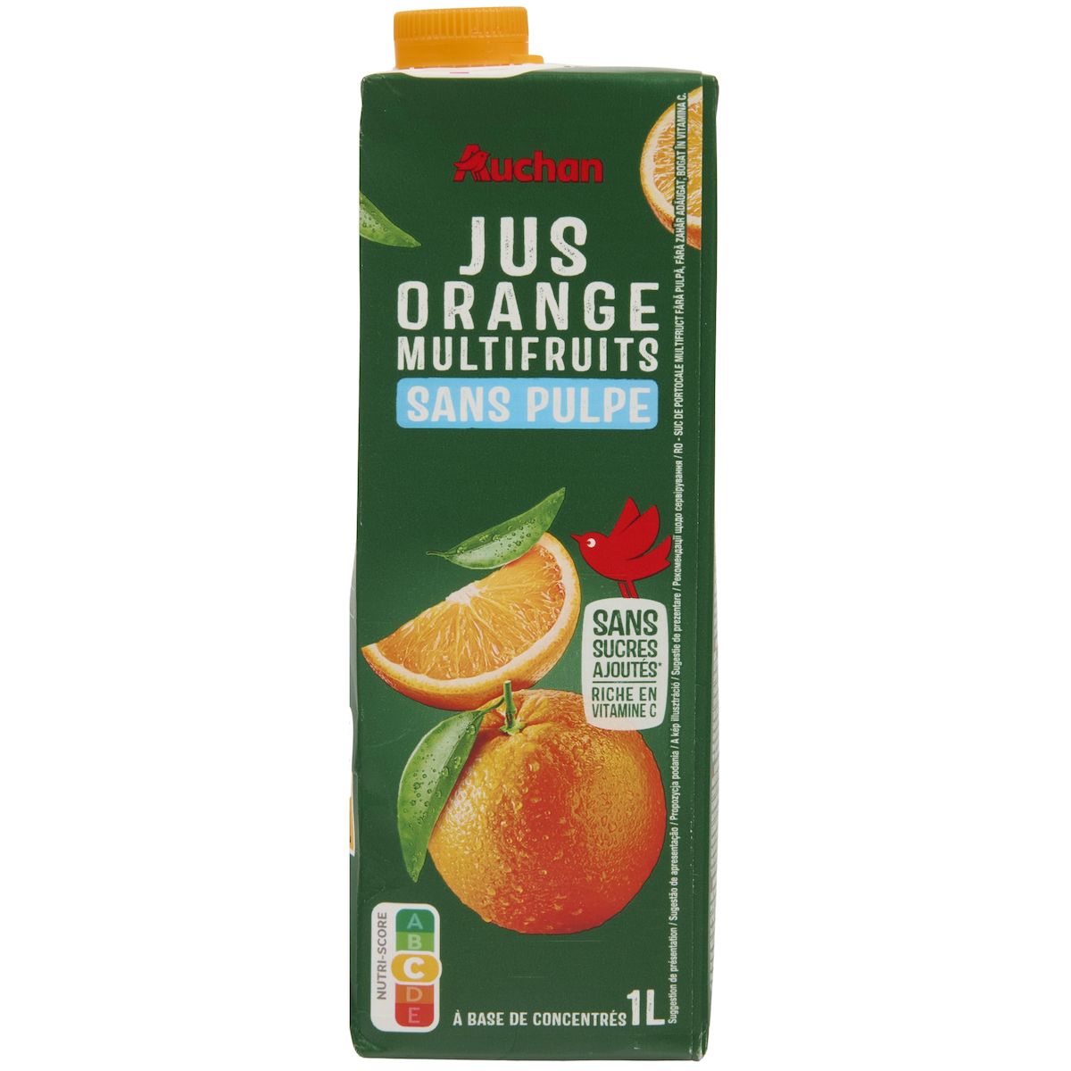 AUCHAN Jus d'orange multifruits à base de concentrés sans sucres ajoutés sans pulpe 1l