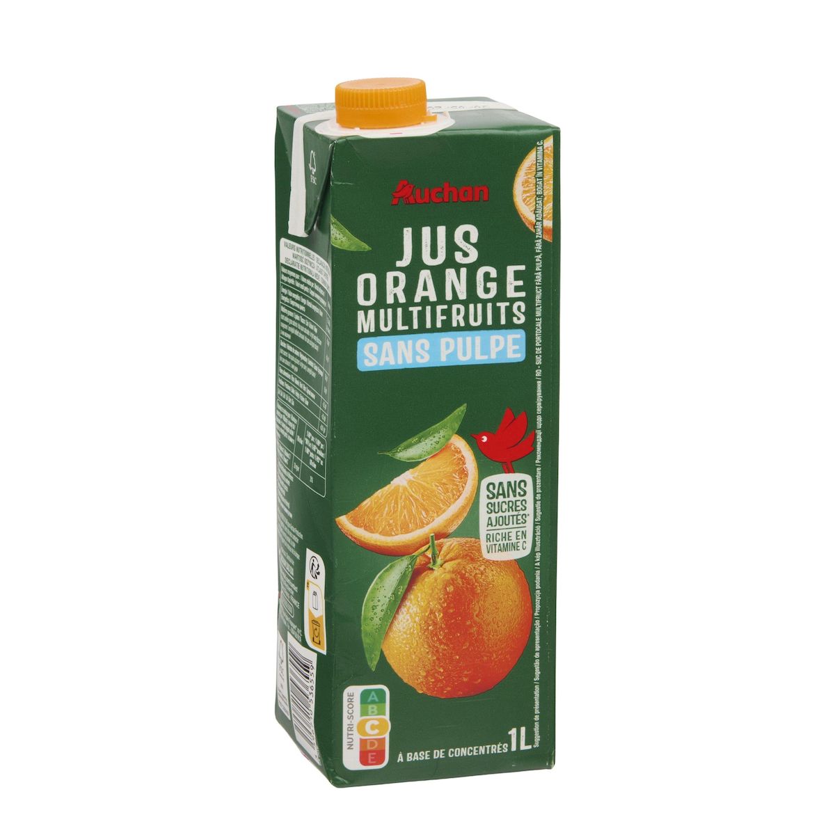 AUCHAN Jus d'orange multifruits à base de concentrés sans sucres ajoutés sans pulpe 1l