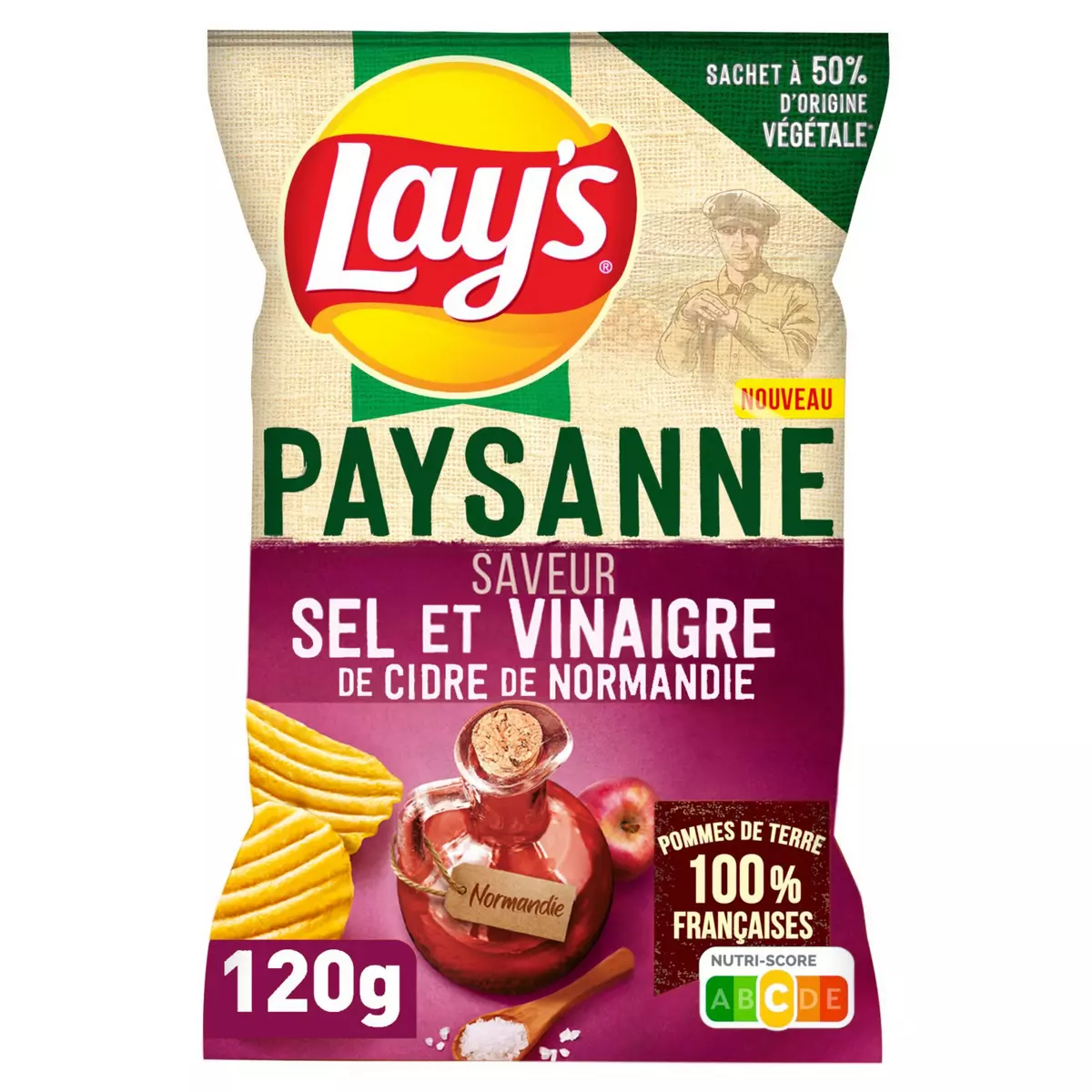 LAY'S Chips ondulées paysanne saveur sel et vinaigre de cidre de Normandie 120g