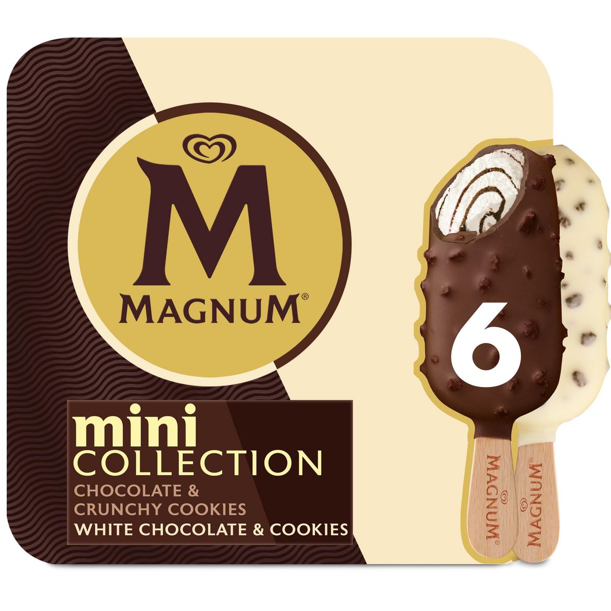 MAGNUM Mini bâtonnets glacés chocolat cookies et chocolat blanc cookies 6 pièces 270g