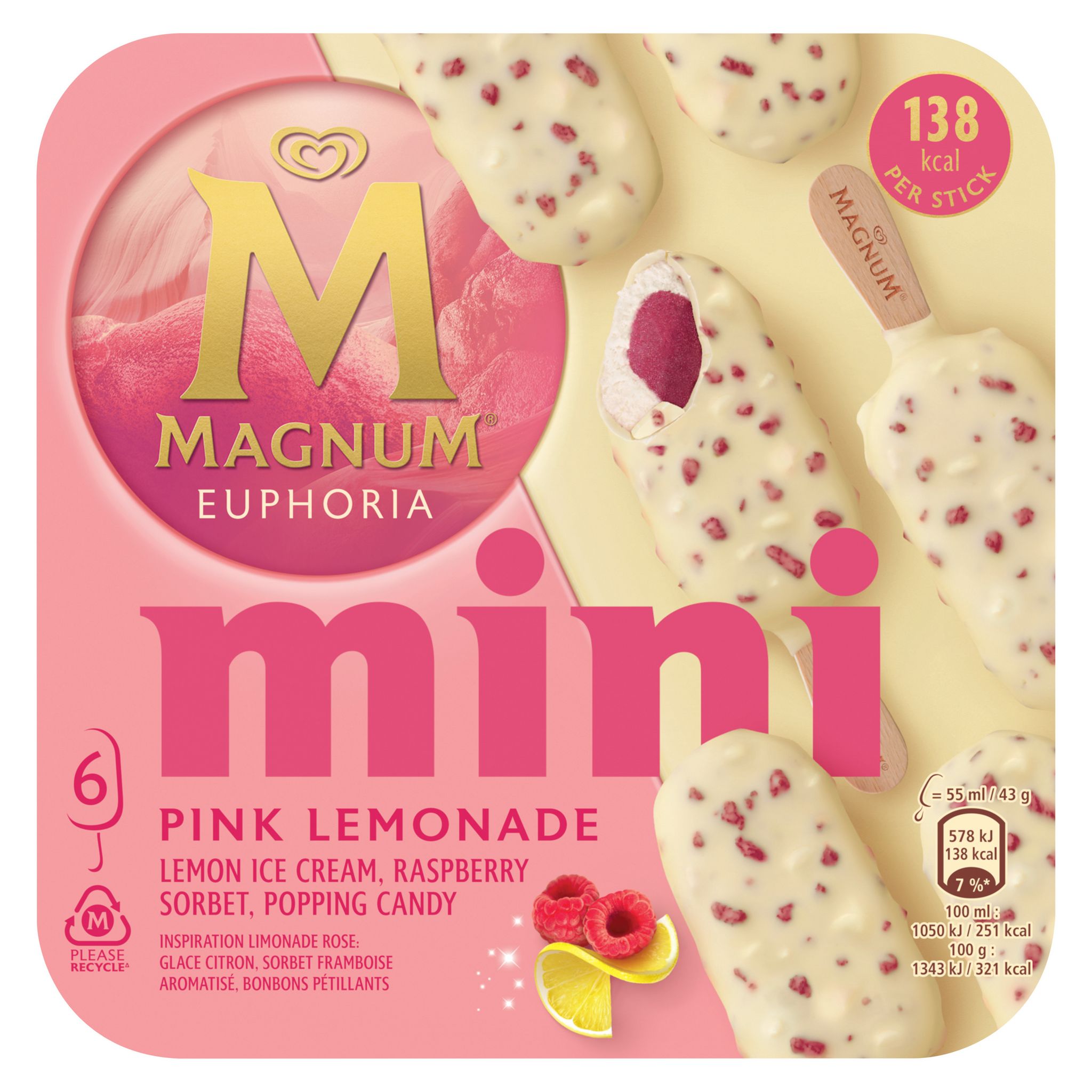 Voir la diapositive 2 : MAGNUM Mini bâtonnets glacés euphoria pink lemonade citron framboise 6 pièces 258g