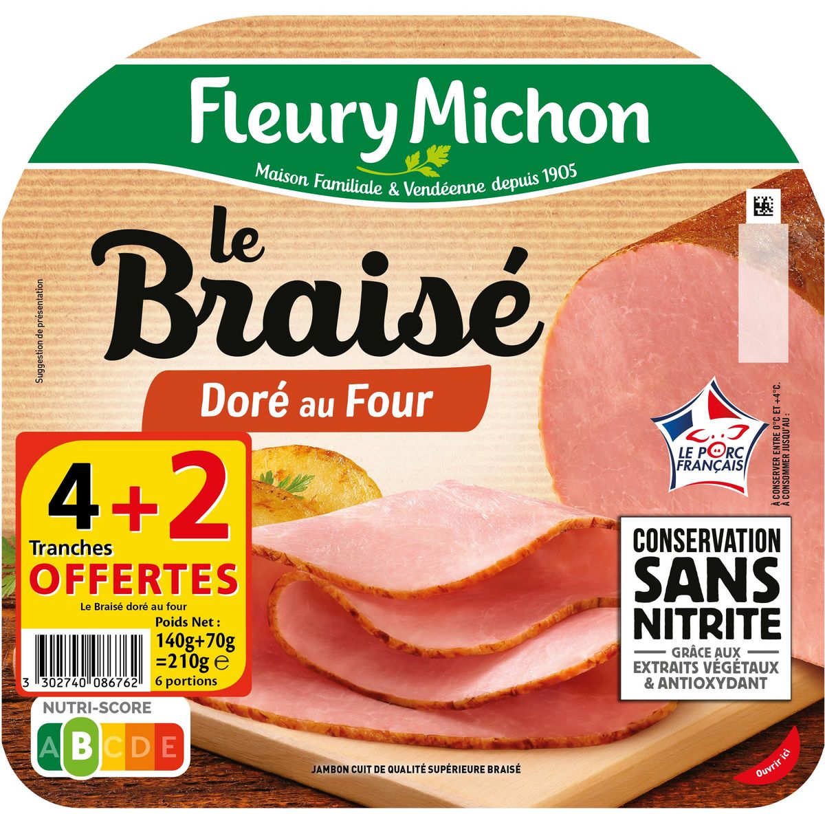 FLEURY MICHON Jambon braisé doré au four sans nitrite 4 tranches + 2 offertes 210g