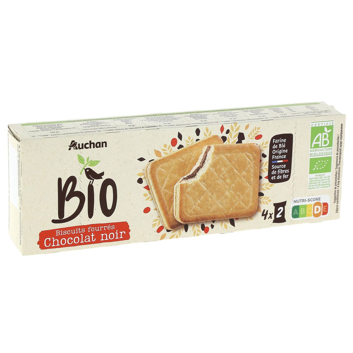 AUCHAN BIO Biscuits fourrés bio au chocolat noir 185g