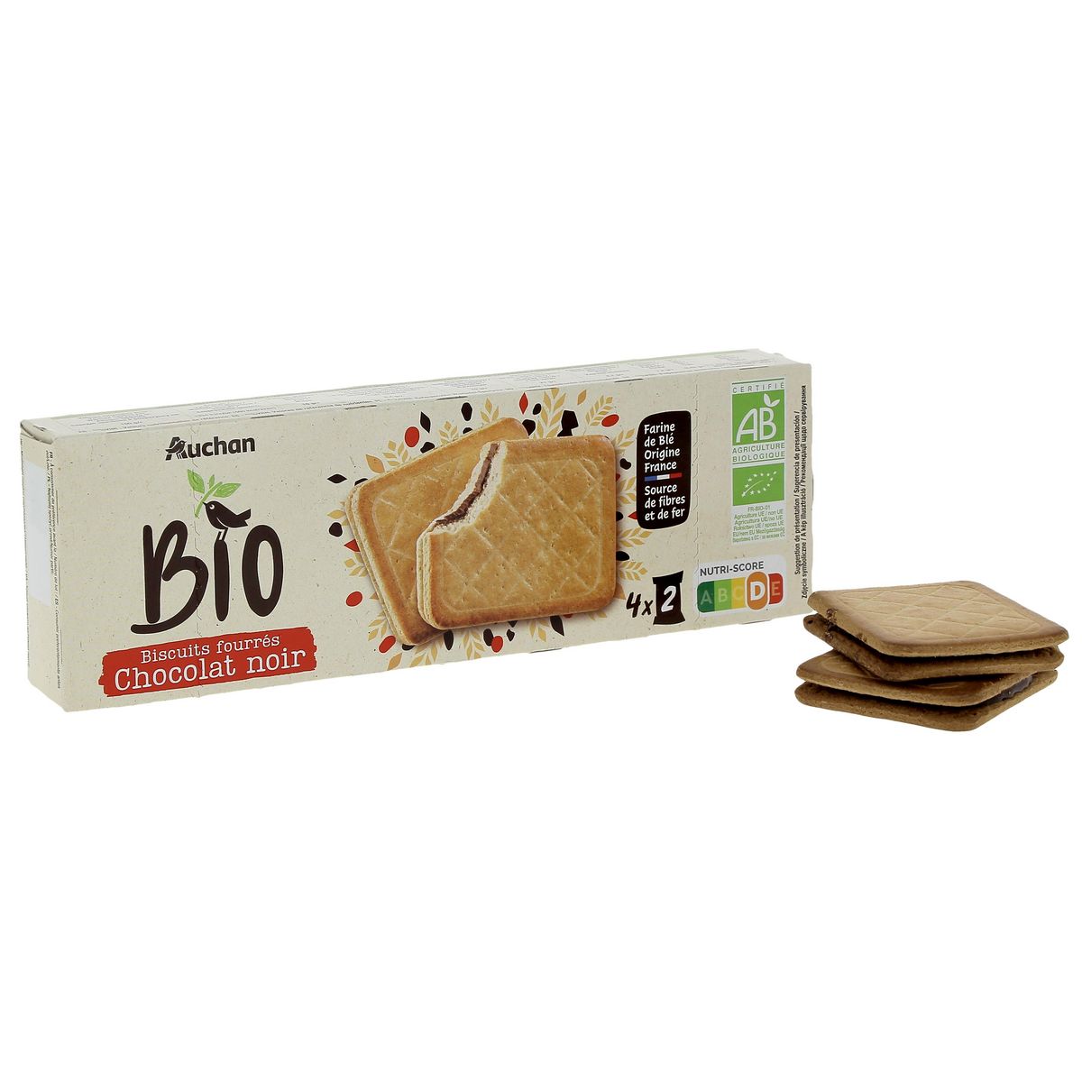 AUCHAN BIO Biscuits fourrés bio au chocolat noir 185g