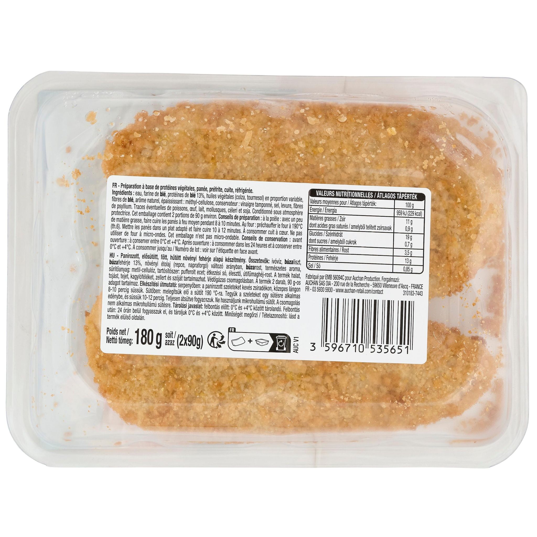 Voir la diapositive 2 : AUCHAN VERY VEGGIE Panés de blé 2 pièces 180g