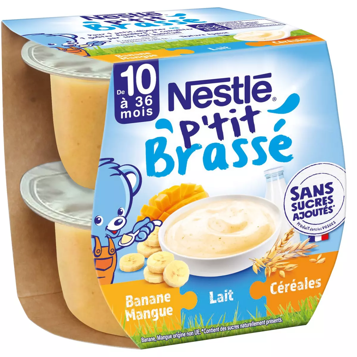 NESTLE P'tit brassé Petit pot au lait banane mangue céréales sans sucres ajoutés dès 10 mois 2x115g
