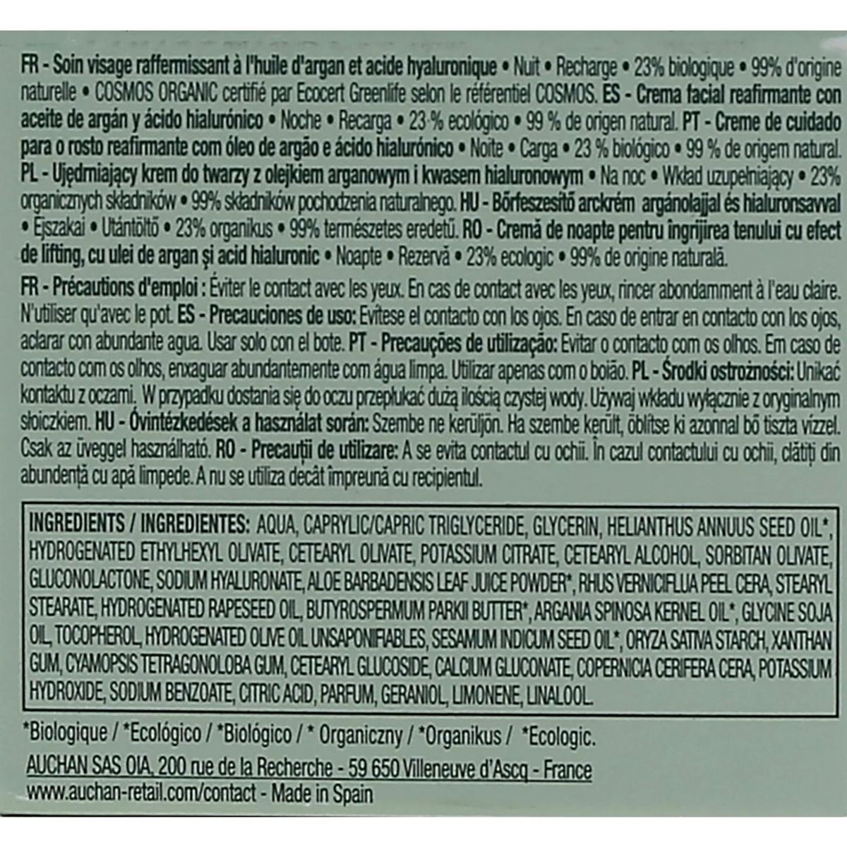 COSMIA BIO Expert duo âge Recharge crème de nuit raffermissante bio à l'huile d'argan et acide hyaluronique 50ml