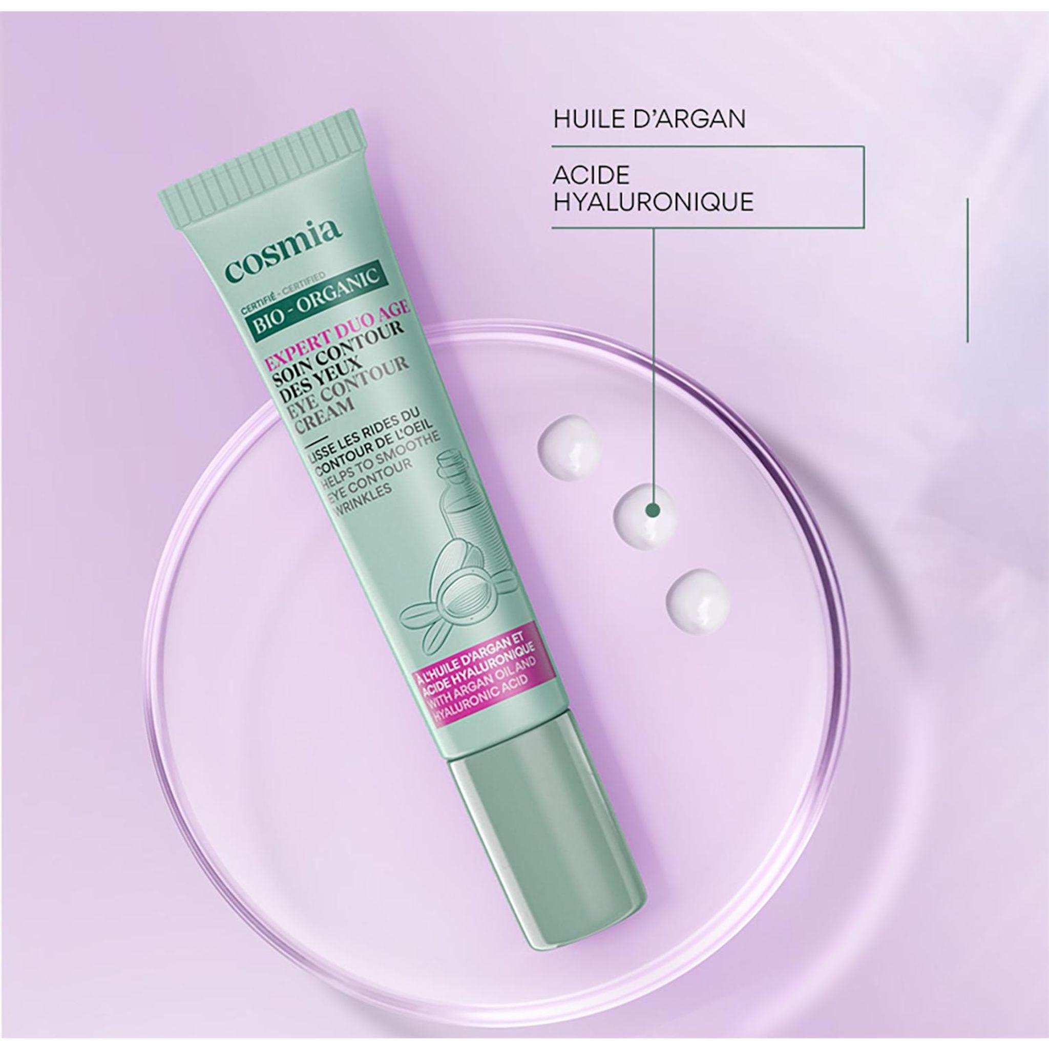 Voir la diapositive 2 : COSMIA BIO Expert duo âge Soin contour des yeux bio à l'huile d'argan et acide hyaluronique 15ml