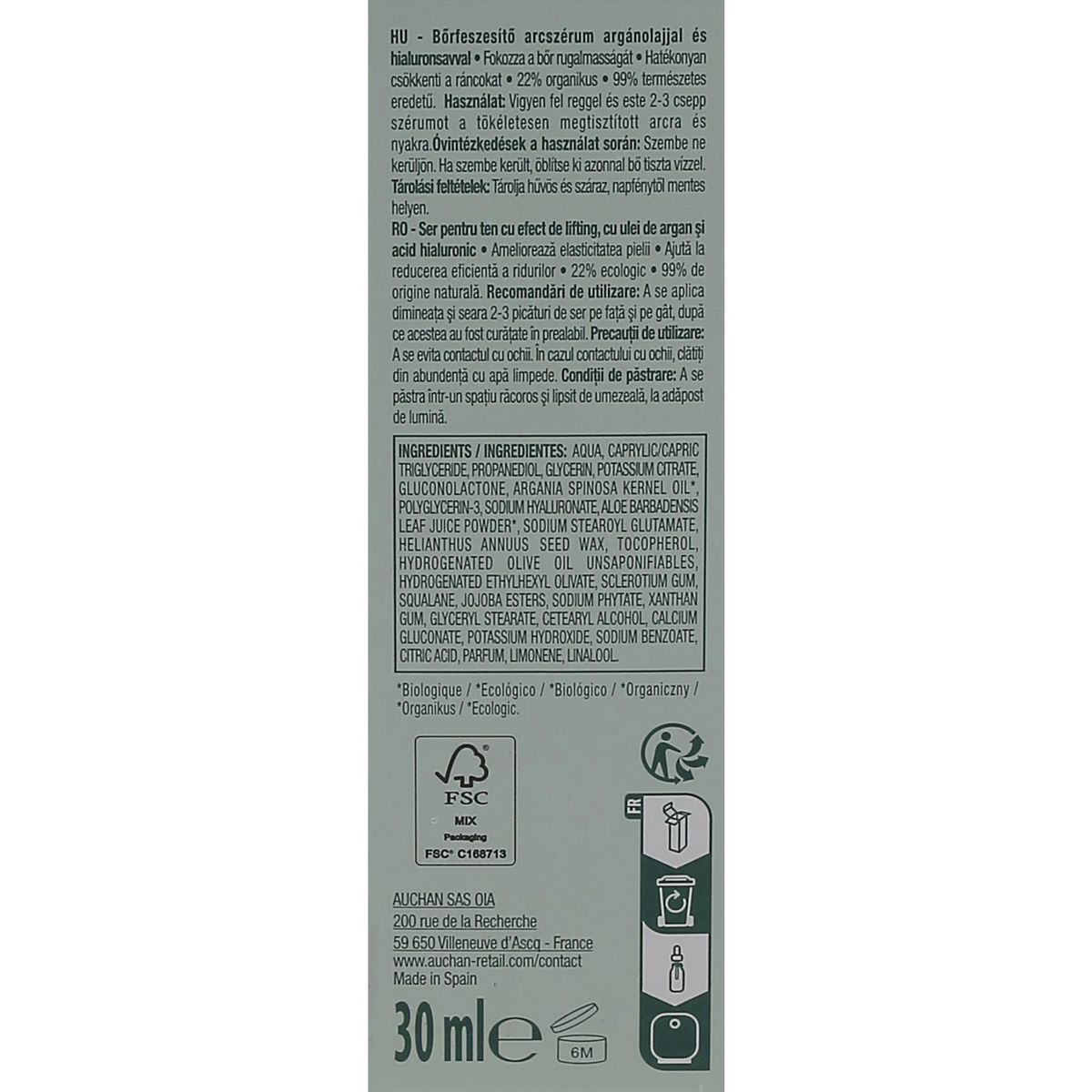 COSMIA BIO Expert duo âge Sérum raffermissant bio à l'huile d'argan et acide hyaluronique 30ml