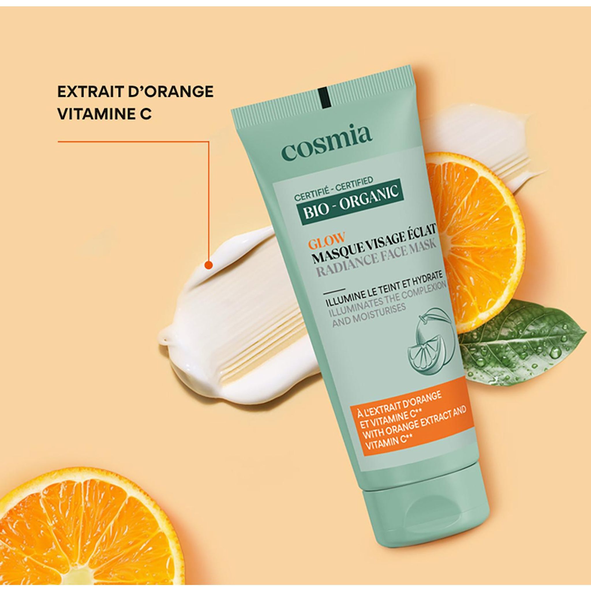 Voir la diapositive 2 : COSMIA BIO Glow masque visage éclat à l'extrait d'orange & vitamine C 100ml