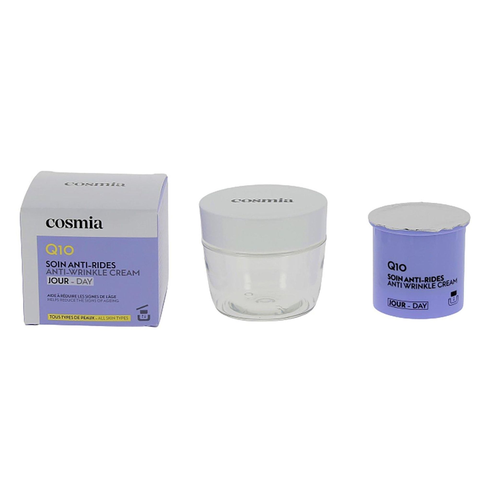 Voir la diapositive 6 : COSMIA Q10 Crème de jour visage anti-rides tous types de peaux Pot rechargeable 50ml