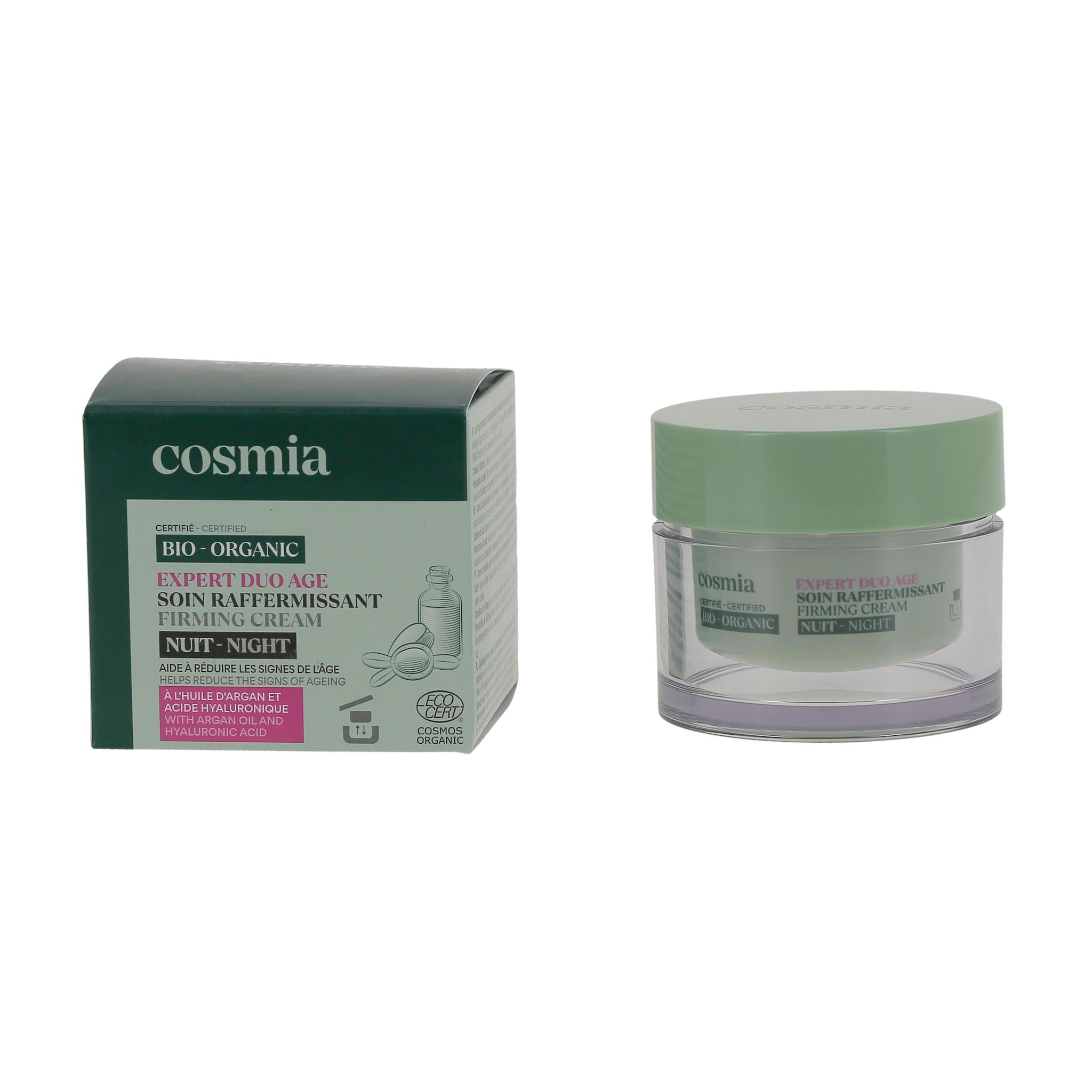 Voir la diapositive 2 : COSMIA BIO Expert duo âge Crème de nuit raffermissante bio à l'huile d'argan et acide hyaluronique Pot rechargeable 50ml