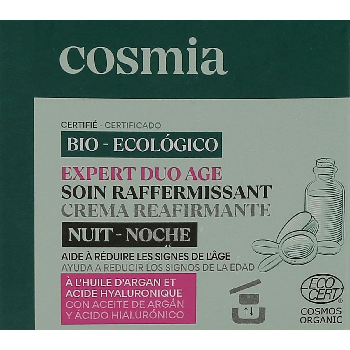 COSMIA BIO Expert duo âge Crème de nuit raffermissante bio à l'huile d'argan et acide hyaluronique Pot rechargeable 50ml
