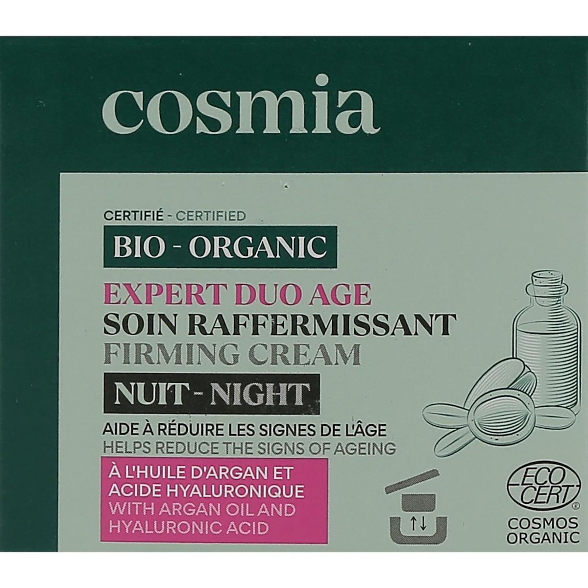 COSMIA BIO Expert duo âge Crème de nuit raffermissante bio à l'huile d'argan et acide hyaluronique Pot rechargeable 50ml