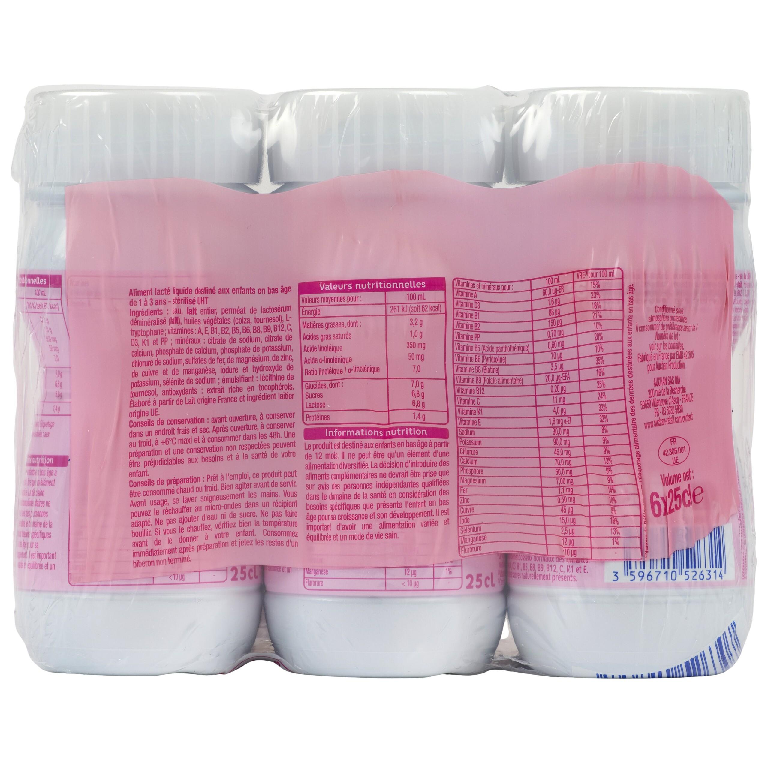 Voir la diapositive 2 : AUCHAN BABY Lait de croissance liquide 3 dès 10 mois à 3 ans 6 x 0.25l