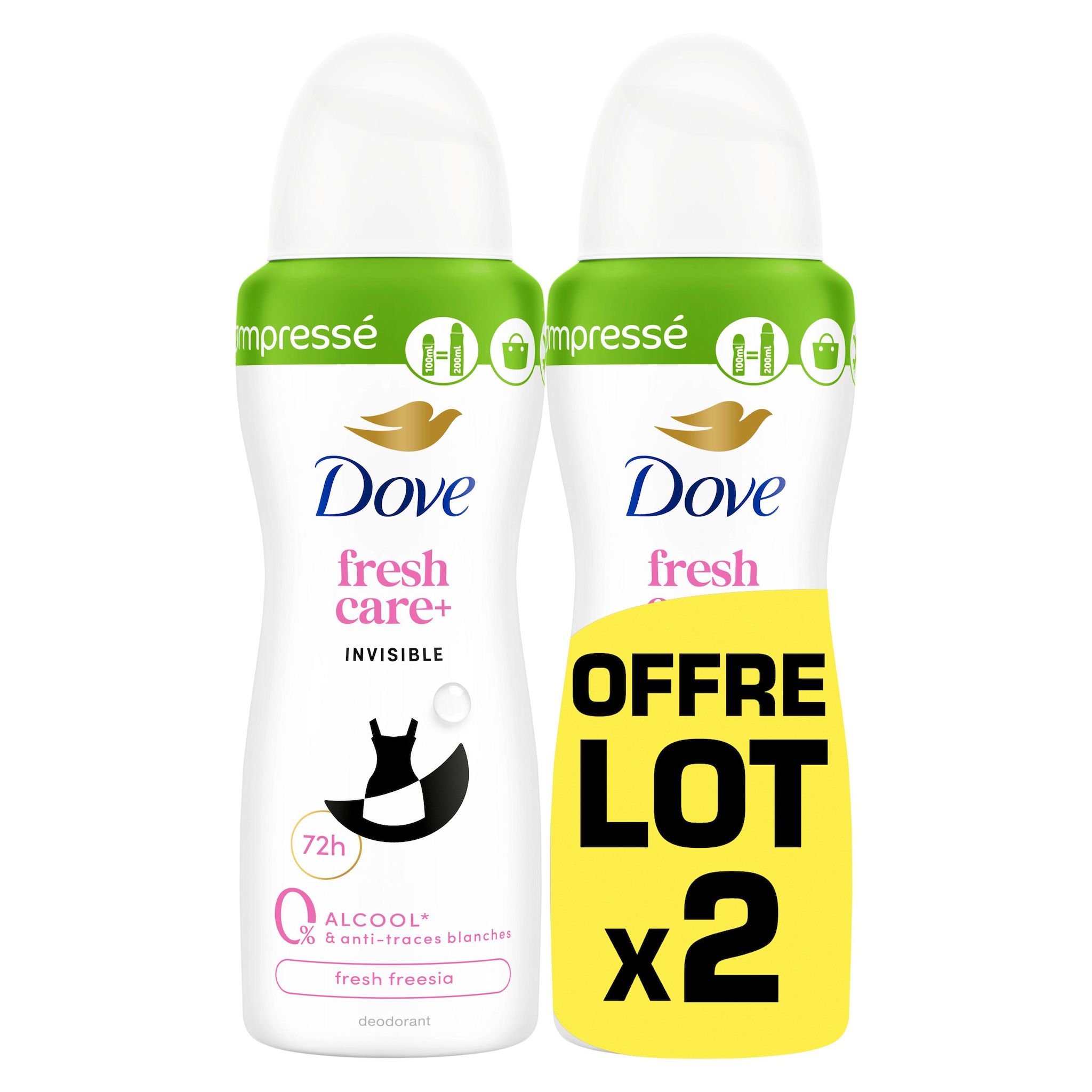 Voir la diapositive 2 : DOVE Fresh Care+ Déodorant spray compressé 72h invisible fresh freesia 2x100ml