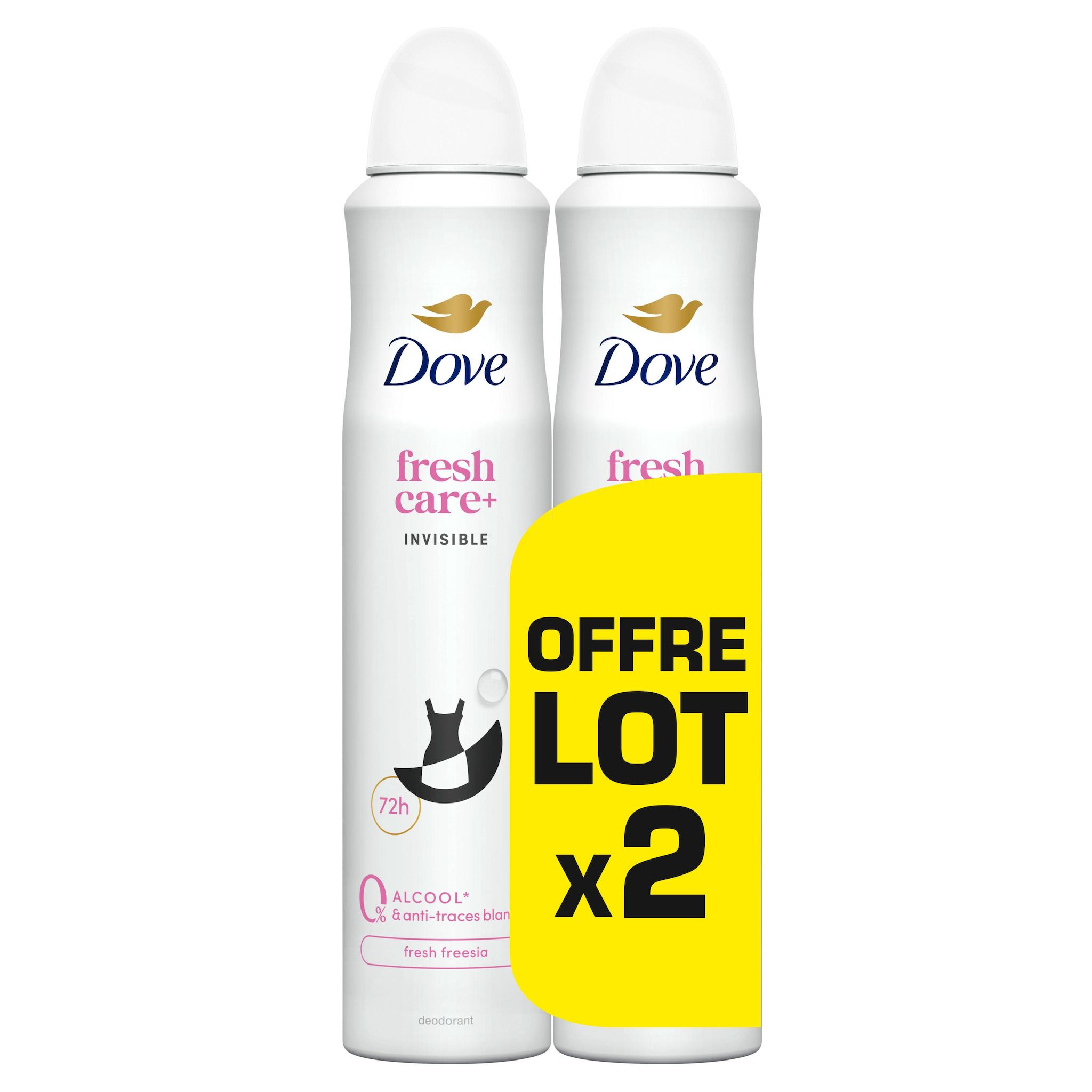 Voir la diapositive 2 : DOVE Fresh Care+ Déodorant spray 72H invisible fresh freesia 2x200ml