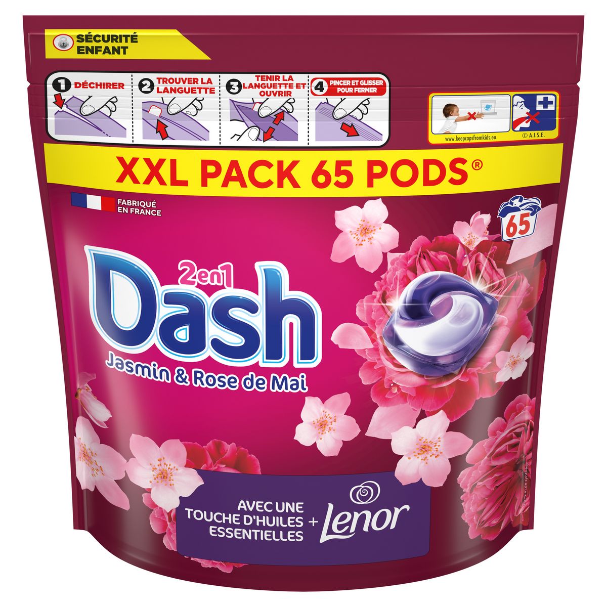 DASH Pods Lessive capsules 2 en 1 Jasmin et rose de Mai 65 capsules
