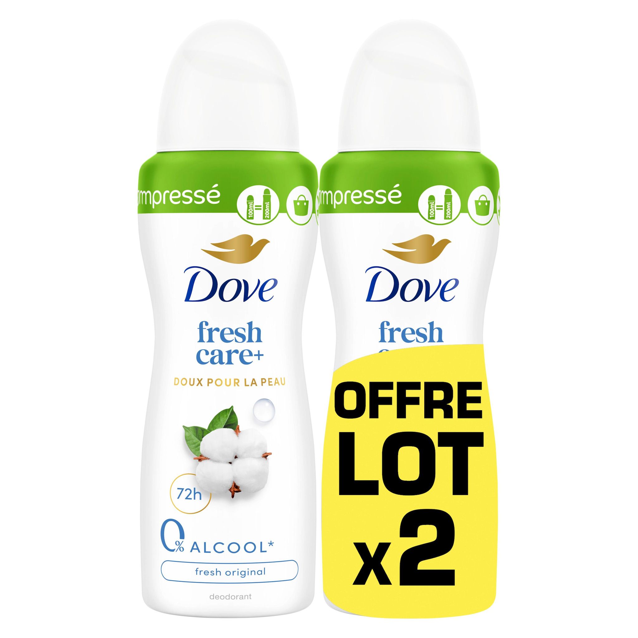 Voir la diapositive 2 : DOVE Fresh Care+ Déodorant spray compressé 72h fresh original 2x100ml