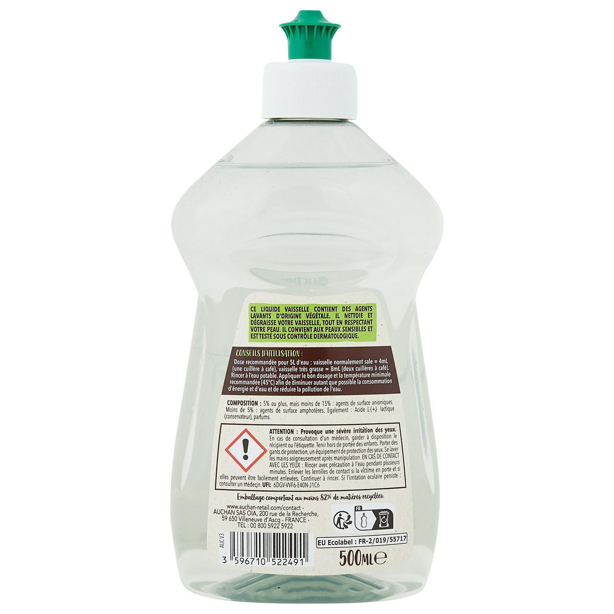 AUCHAN BETTER LIFE Liquide vaisselle menthe basilic 500ml
