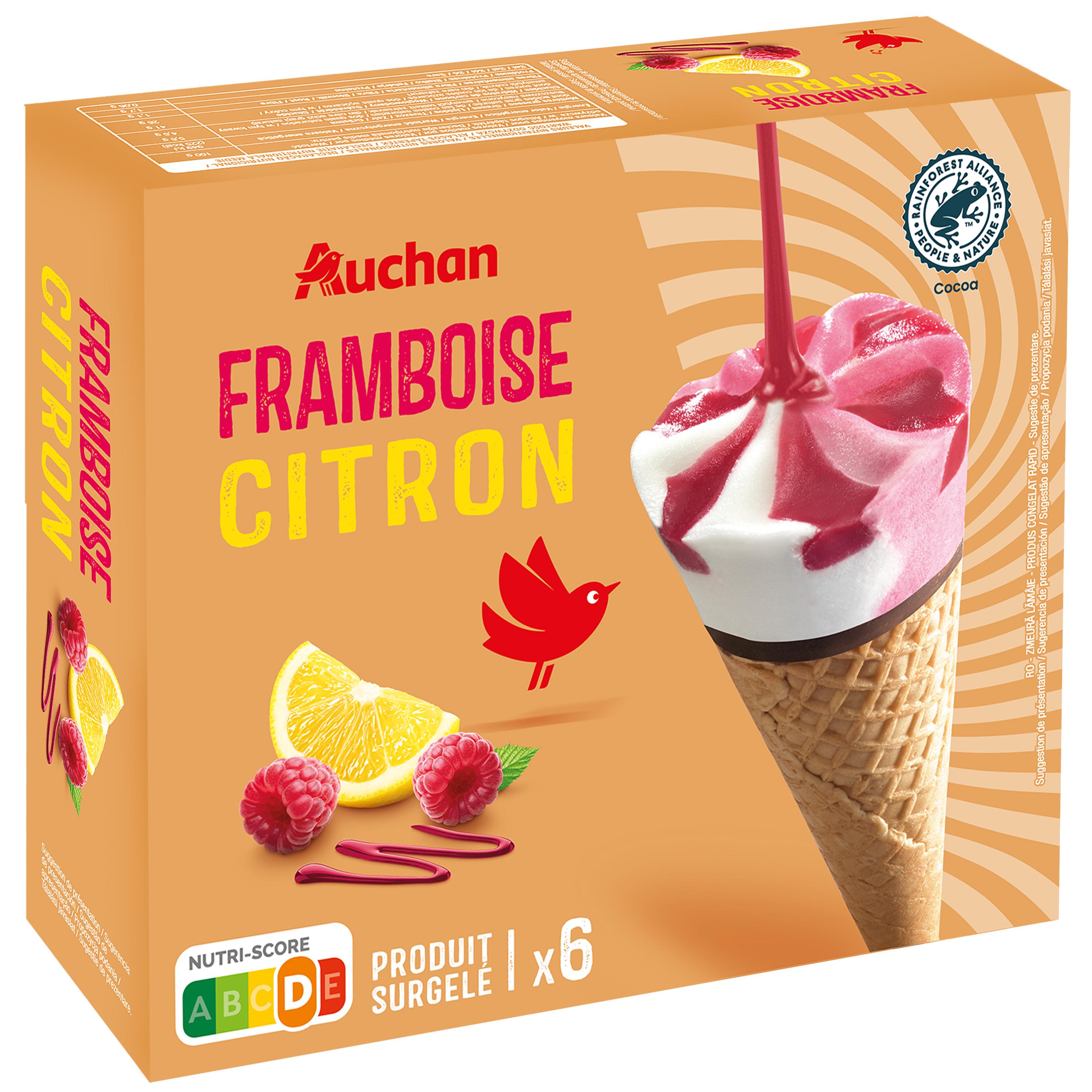 Voir la diapositive 3 : AUCHAN Cônes glacés framboise citron 6 pièces 426g