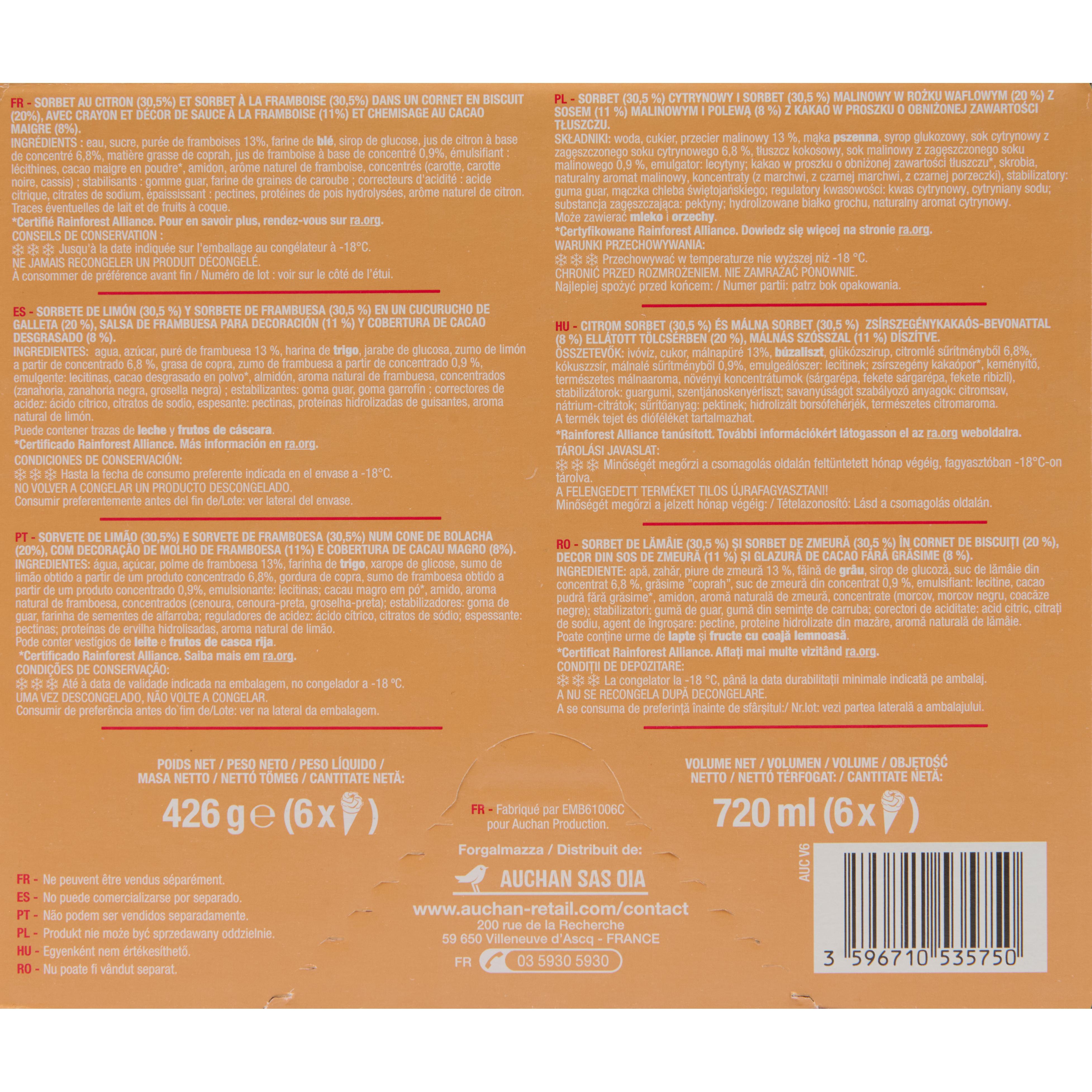 Voir la diapositive 4 : AUCHAN Cônes glacés framboise citron 6 pièces 426g