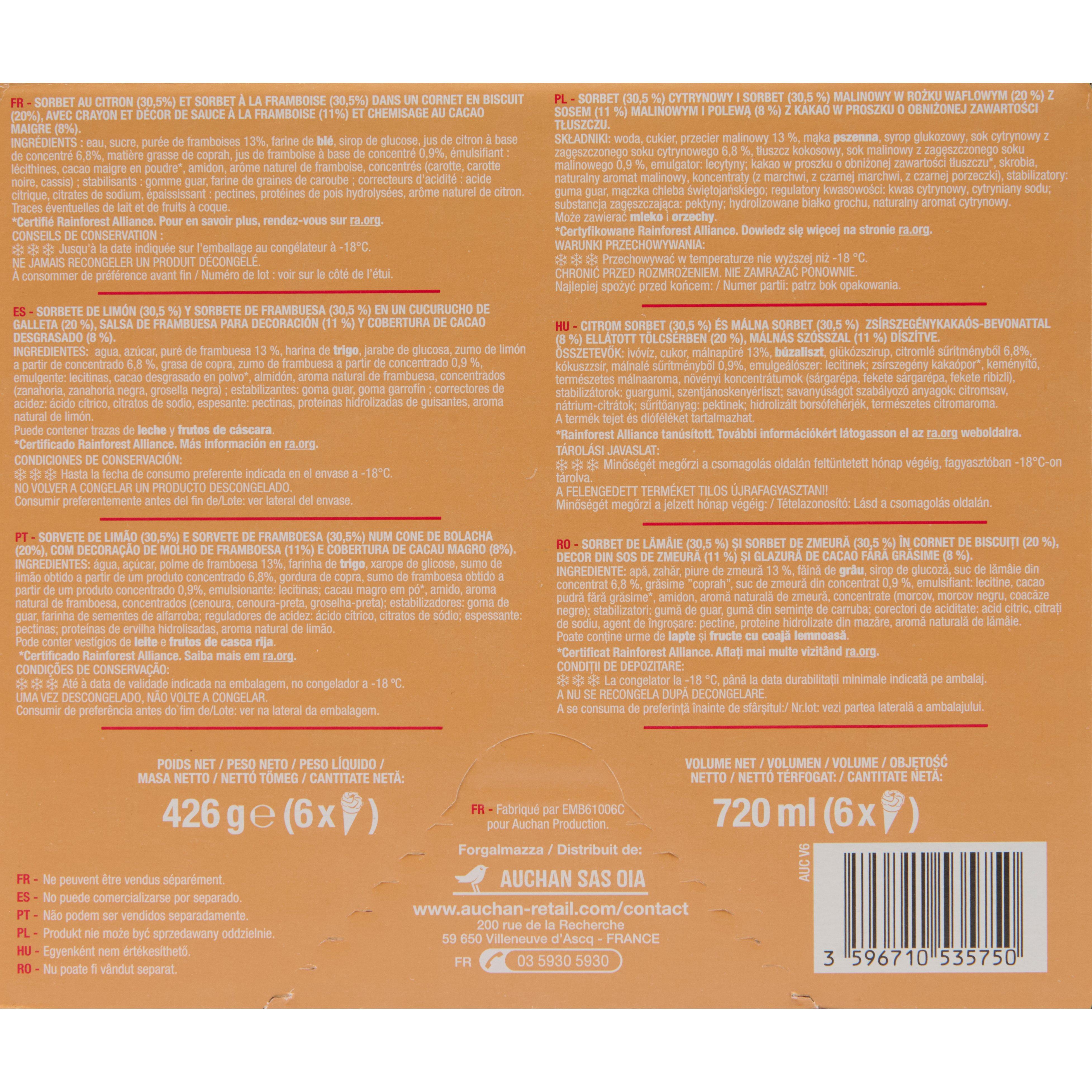 Voir la diapositive 5 : AUCHAN Cônes glacés framboise citron 6 pièces 426g