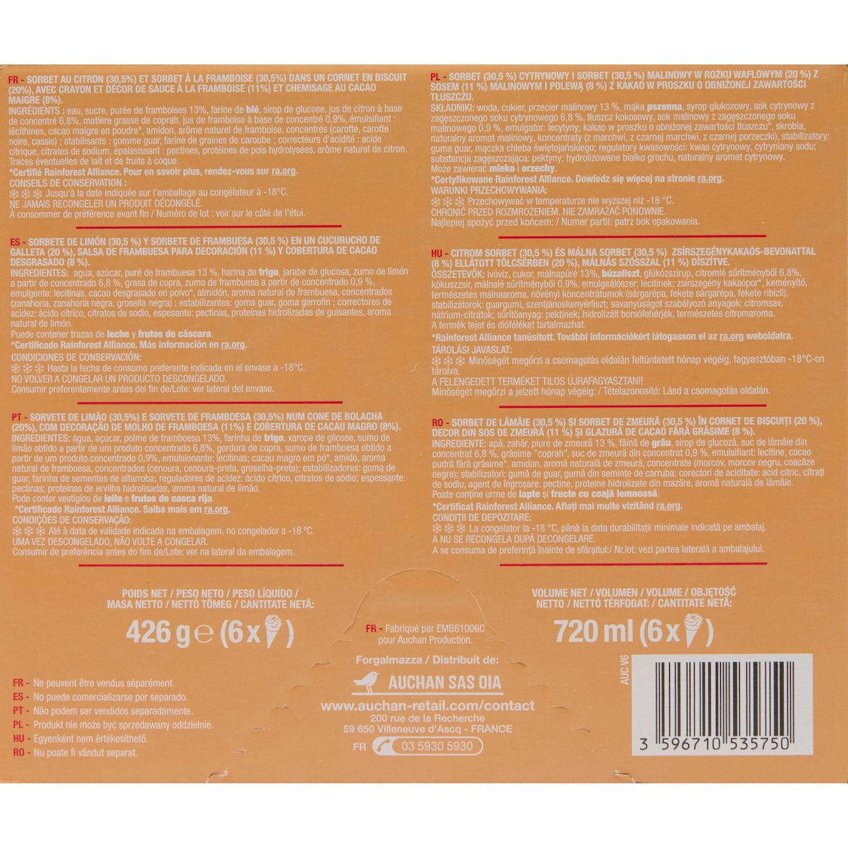 AUCHAN Cônes glacés framboise citron 6 pièces 426g