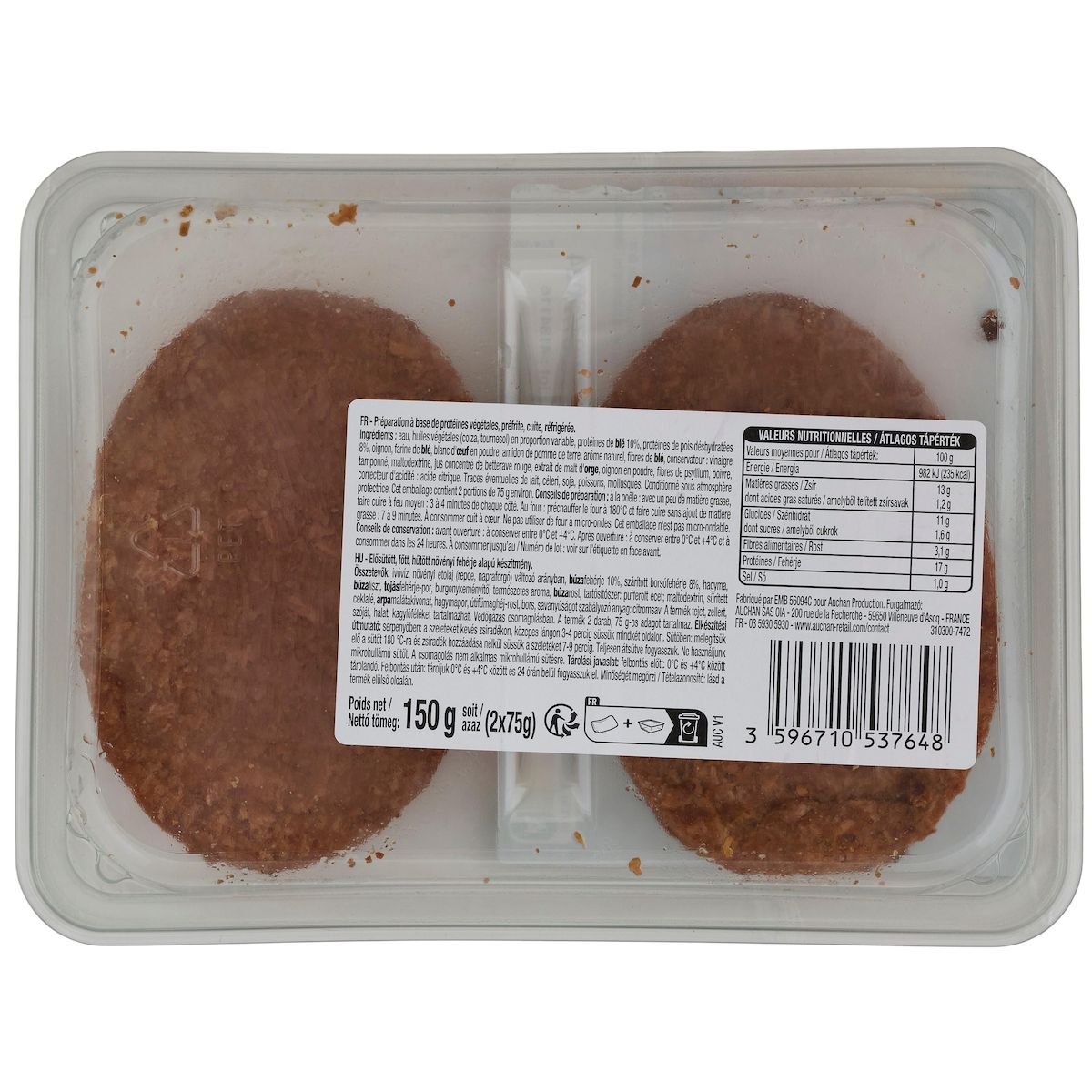 AUCHAN VERY VEGGIE Hachés blé et pois 2 pièces 150g