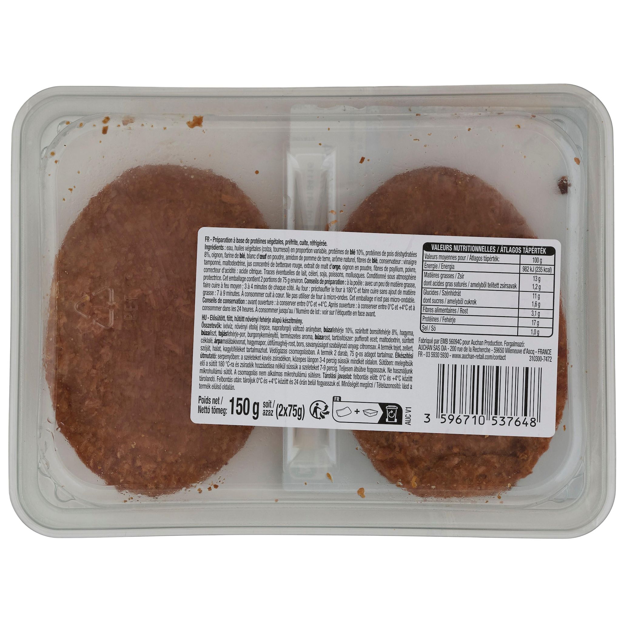 Voir la diapositive 2 : AUCHAN VERY VEGGIE Hachés blé et pois 2 pièces 150g