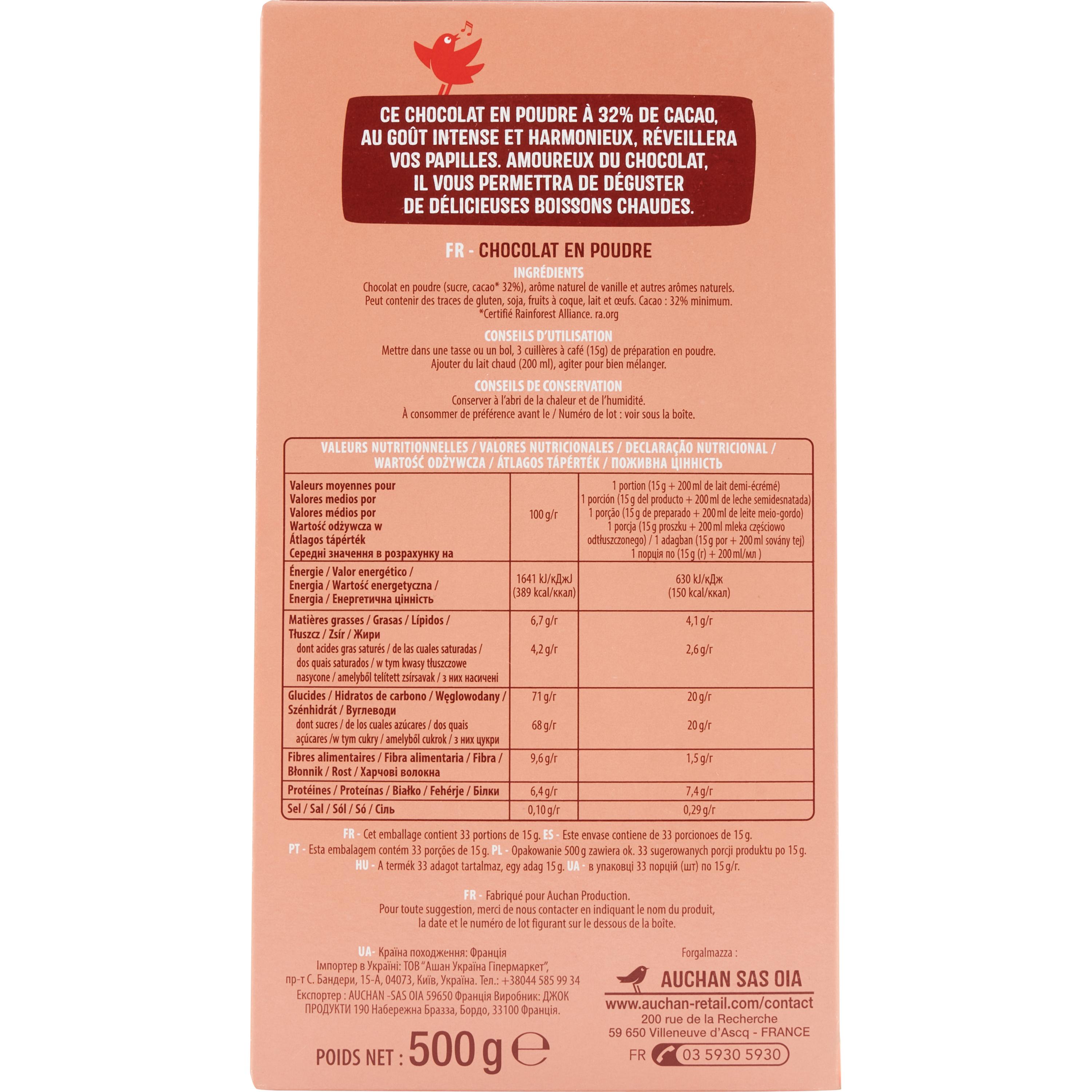 Voir la diapositive 2 : AUCHAN Chocolat intense 32% cacao en poudre 500g