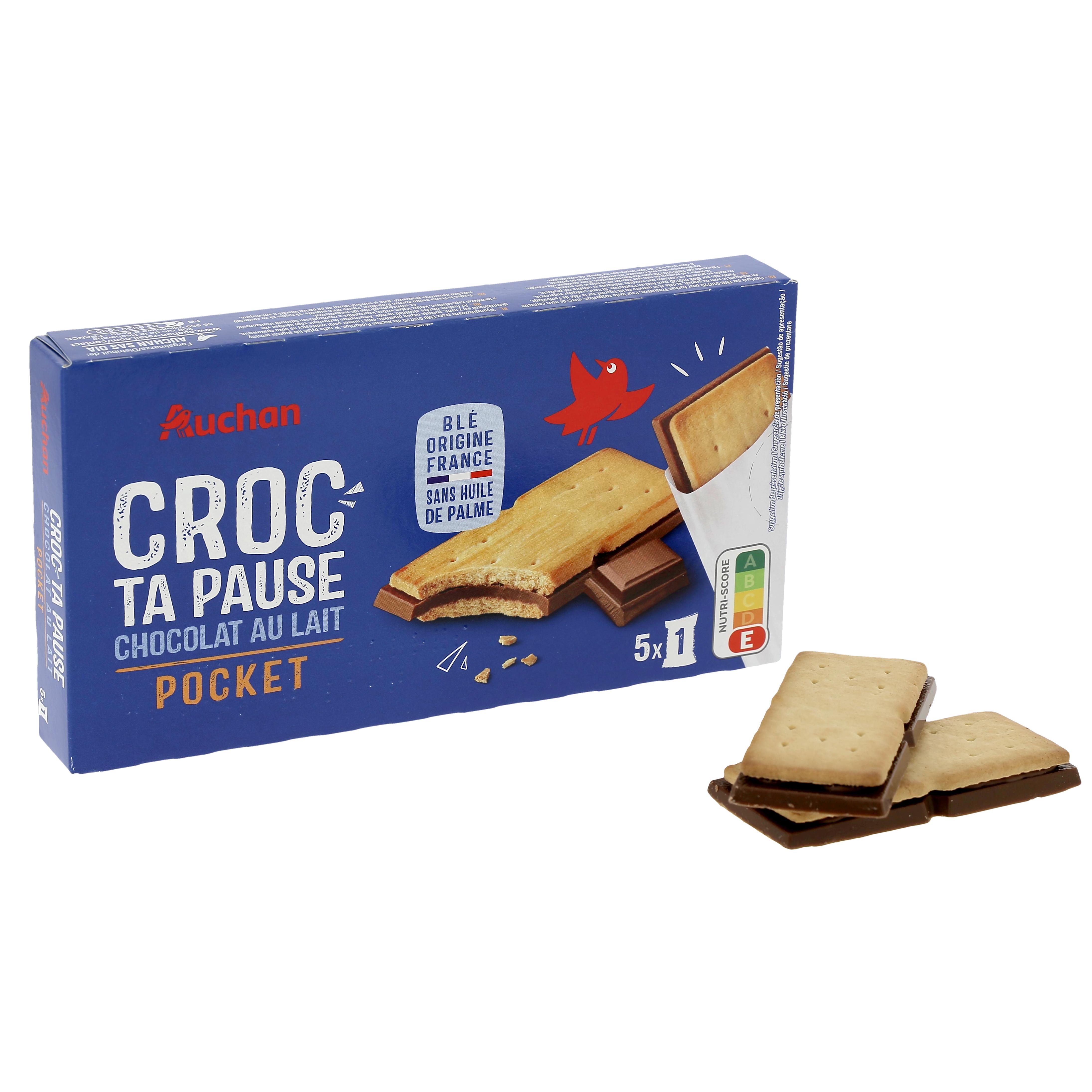 Voir la diapositive 2 : AUCHAN Biscuits Croc ta pause au chocolat au lait pocket sachets individuels 5 biscuits 135g