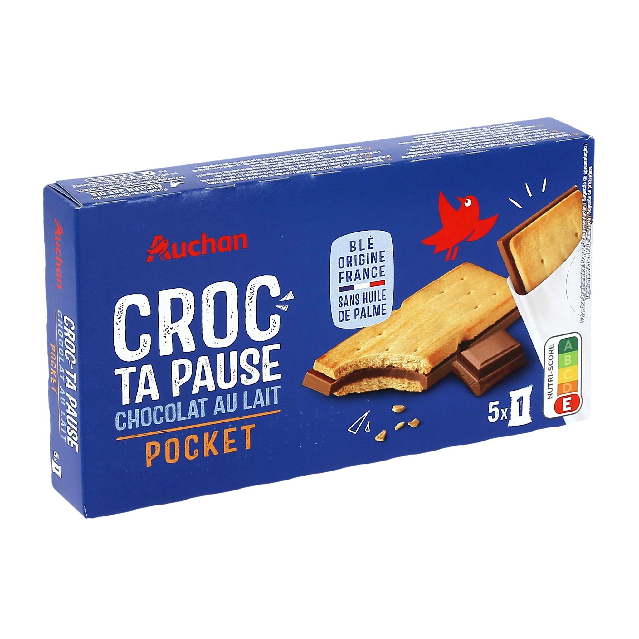 Voir la diapositive 2 : AUCHAN Biscuits Croc ta pause au chocolat au lait pocket sachets individuels 5 biscuits 135g
