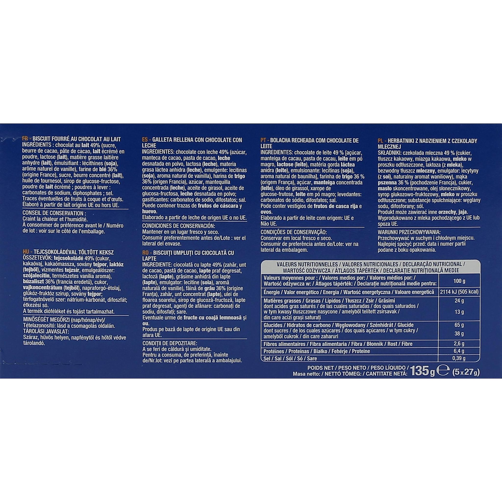 Voir la diapositive 3 : AUCHAN Biscuits Croc ta pause au chocolat au lait pocket sachets individuels 5 biscuits 135g