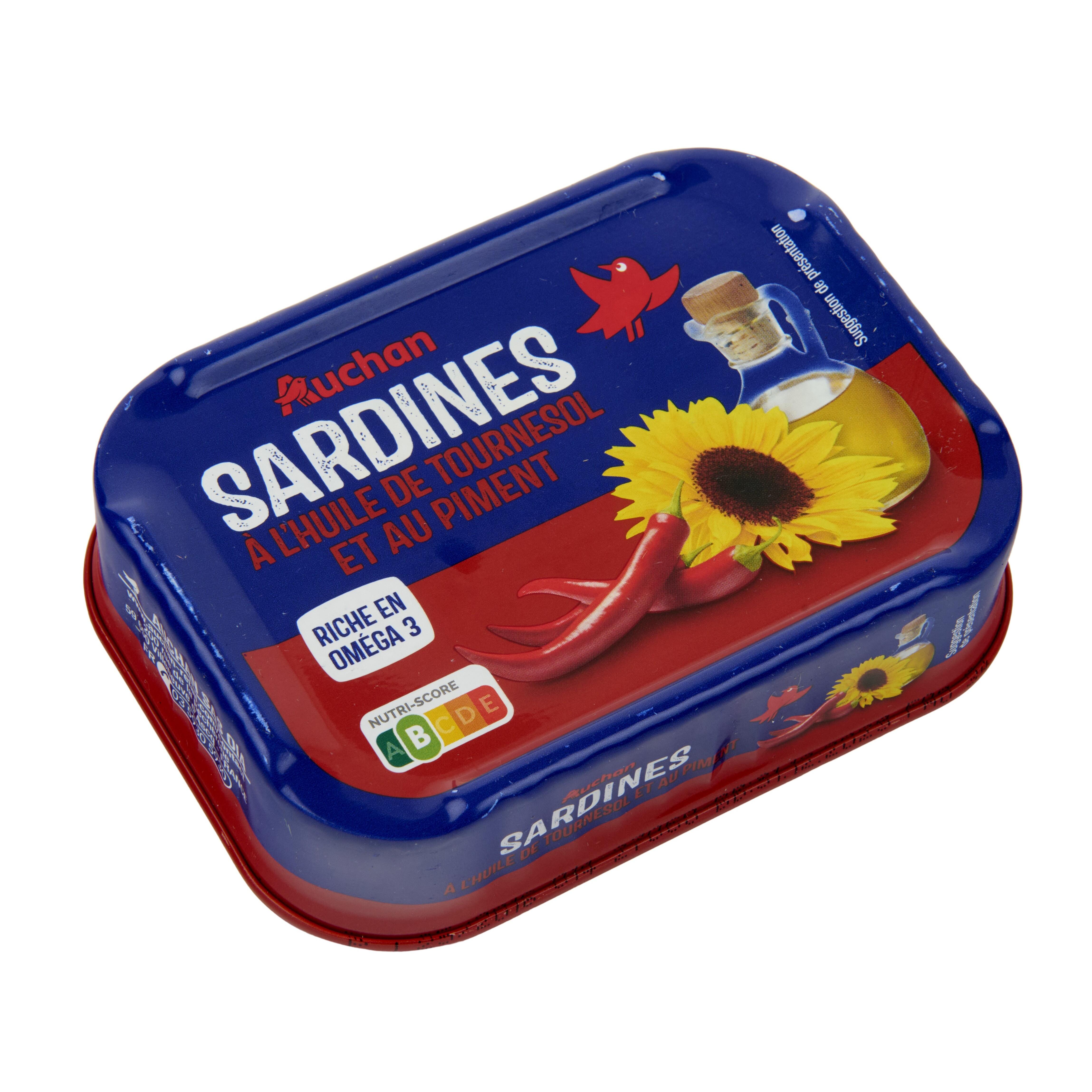 Voir la diapositive 2 : AUCHAN Sardine à l'huile de tournesol et au piment 135g