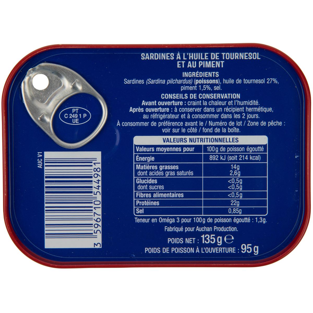 AUCHAN Sardine à l'huile de tournesol et au piment 135g