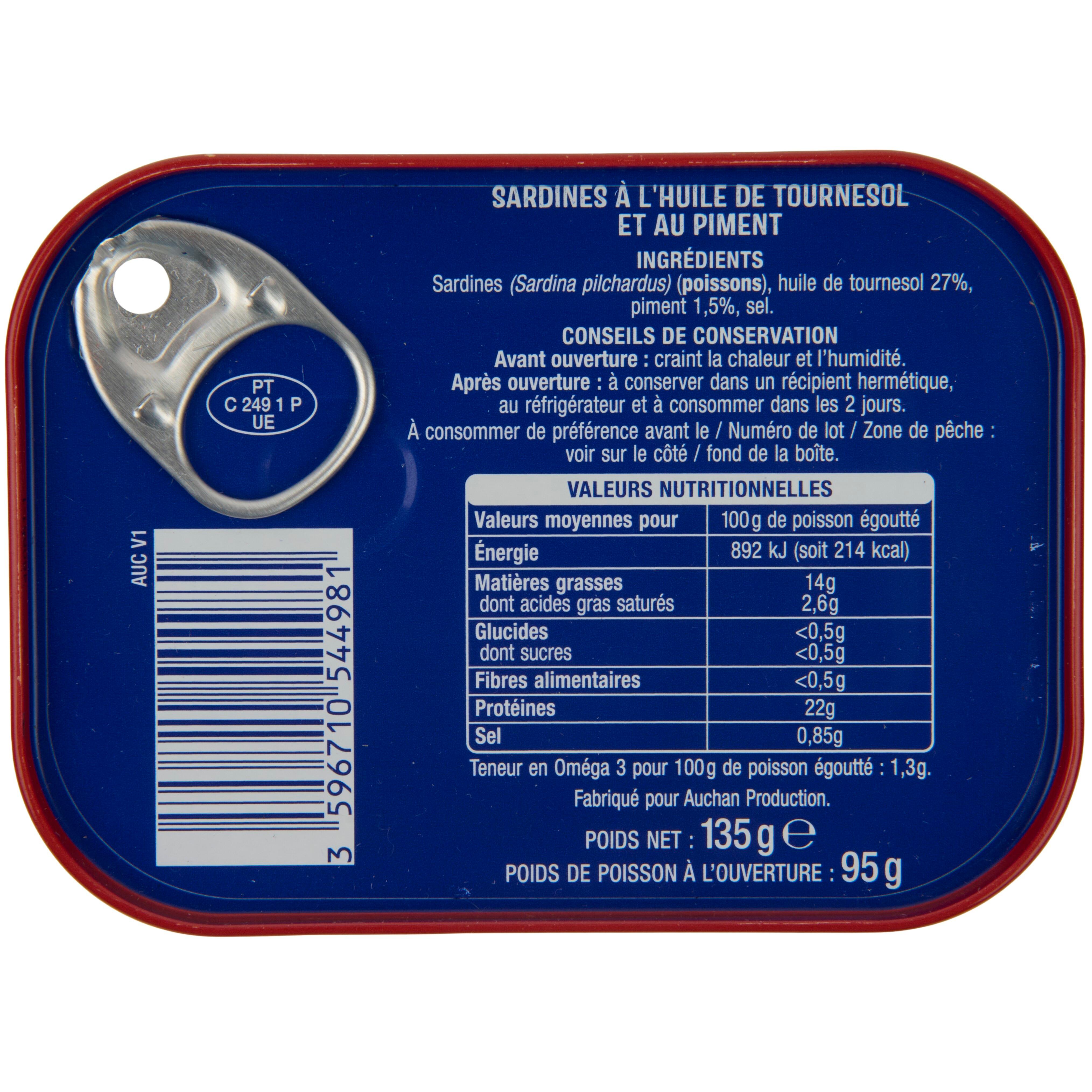 Voir la diapositive 3 : AUCHAN Sardine à l'huile de tournesol et au piment 135g