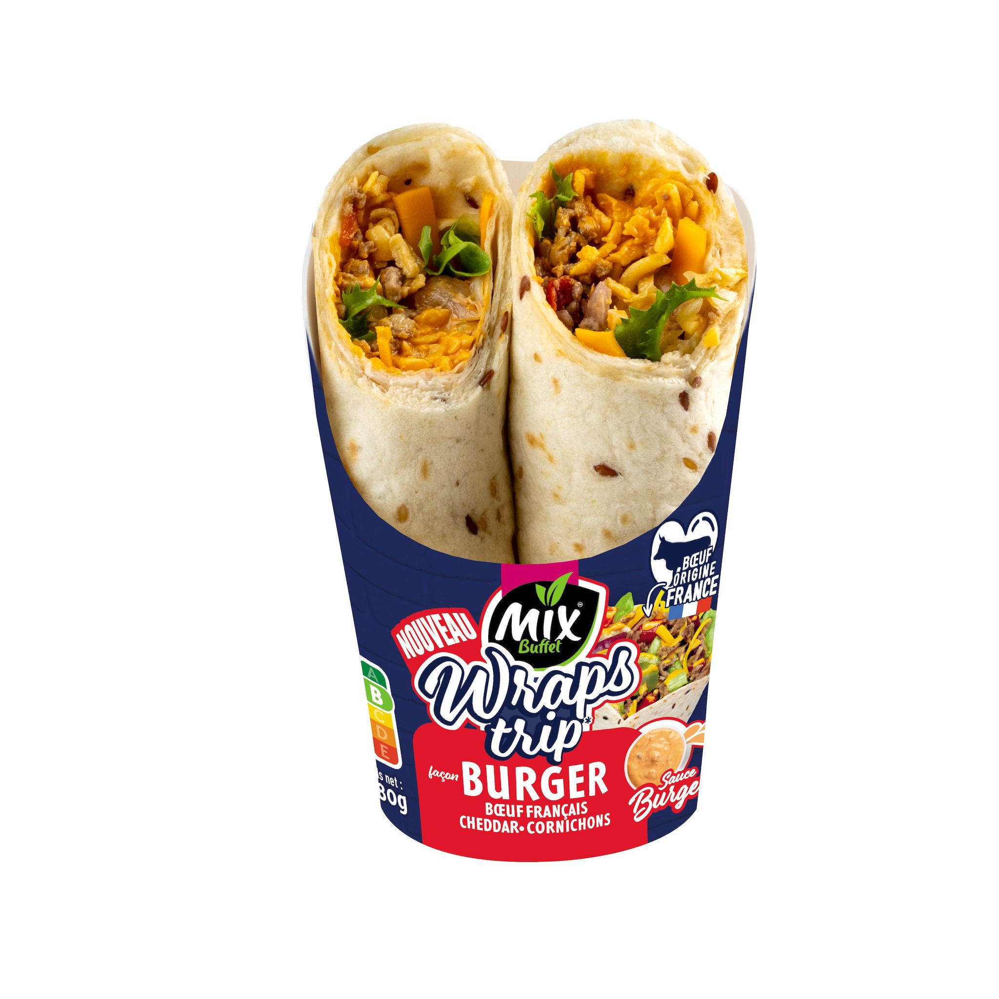 MIX BUFFET Wraps trip façon burger boeuf cheddar cornichons et sauce burger 180g