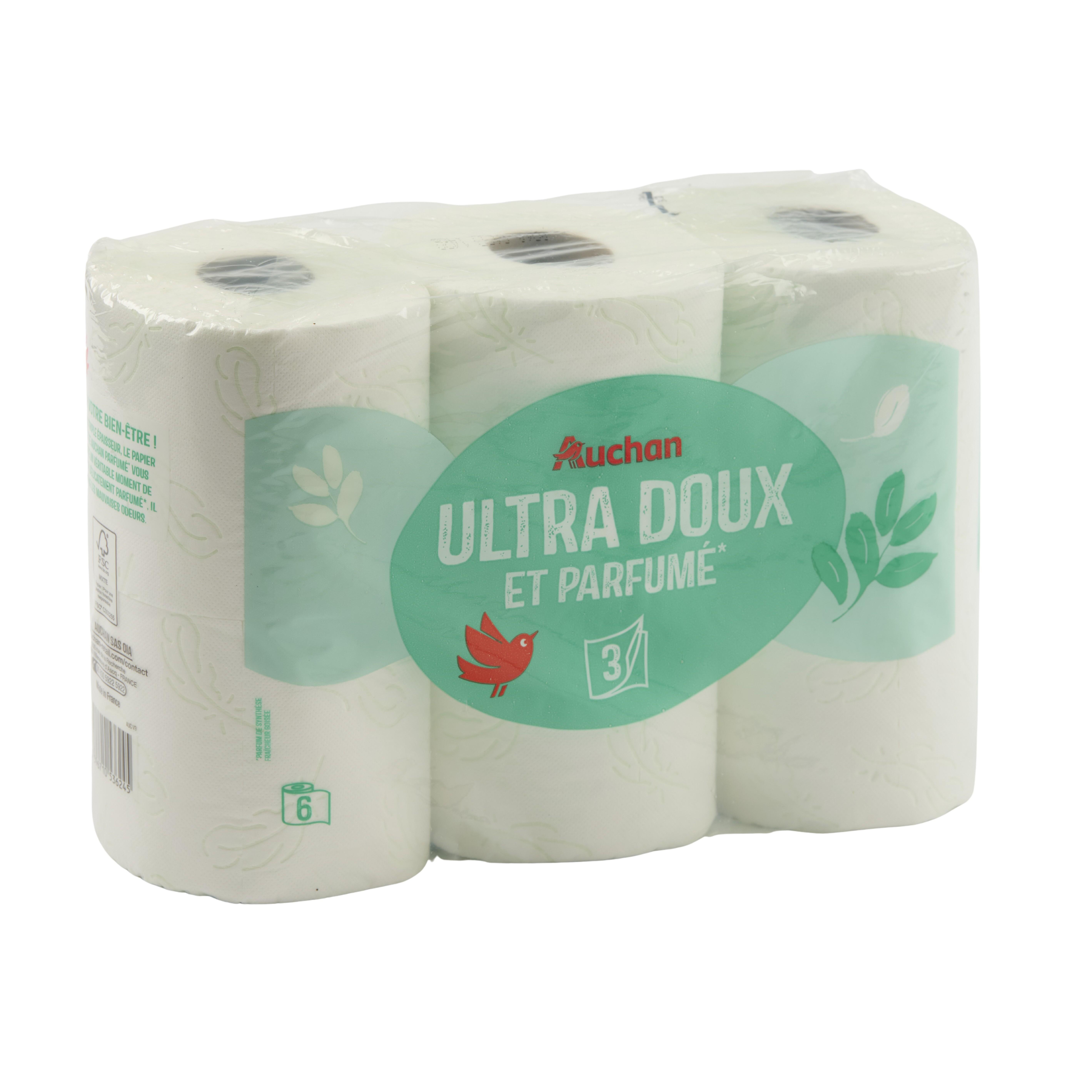 Voir la diapositive 2 : AUCHAN Papier toilette blanc ultra doux et parfumé 3 épaisseurs 6 rouleaux
