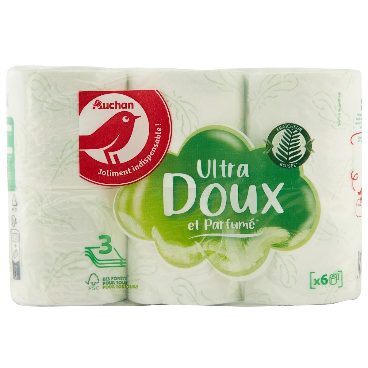 AUCHAN Papier toilette blanc ultra doux et parfumé 3 épaisseurs 6 rouleaux