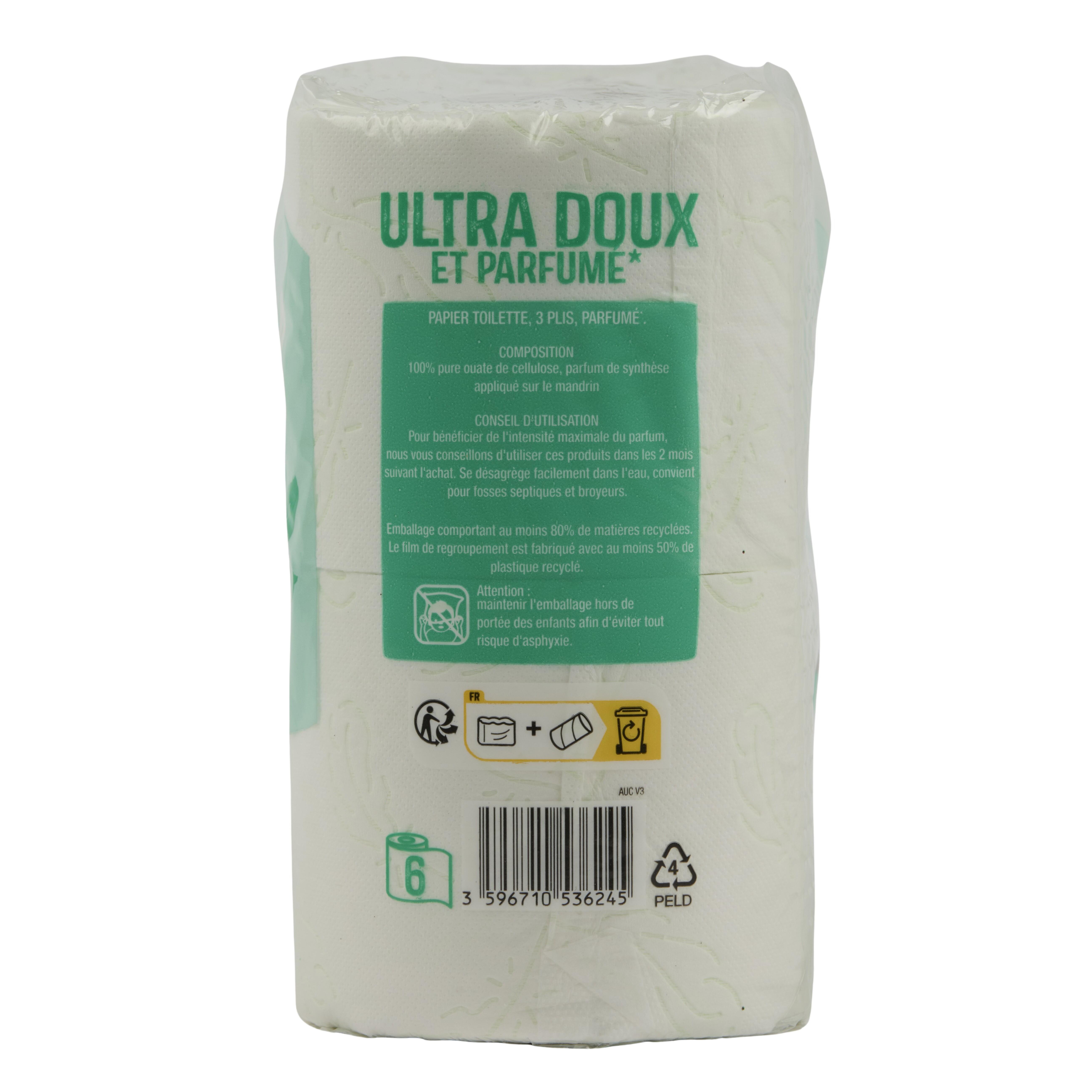Voir la diapositive 3 : AUCHAN Papier toilette blanc ultra doux et parfumé 3 épaisseurs 6 rouleaux