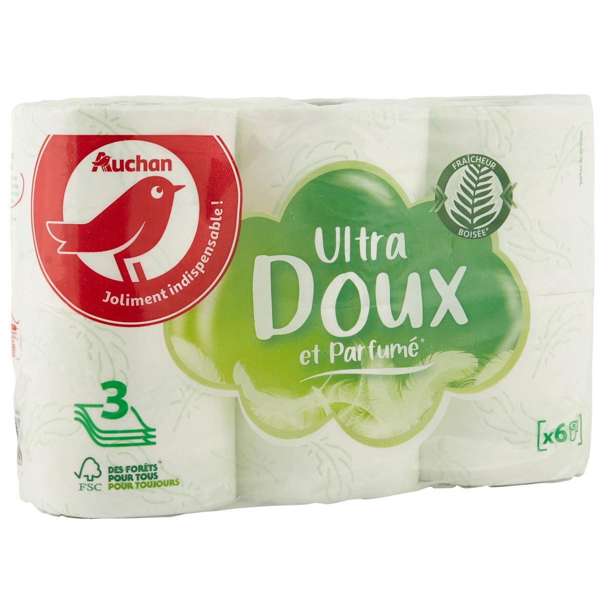 AUCHAN Papier toilette blanc ultra doux et parfumé 3 épaisseurs 6 rouleaux