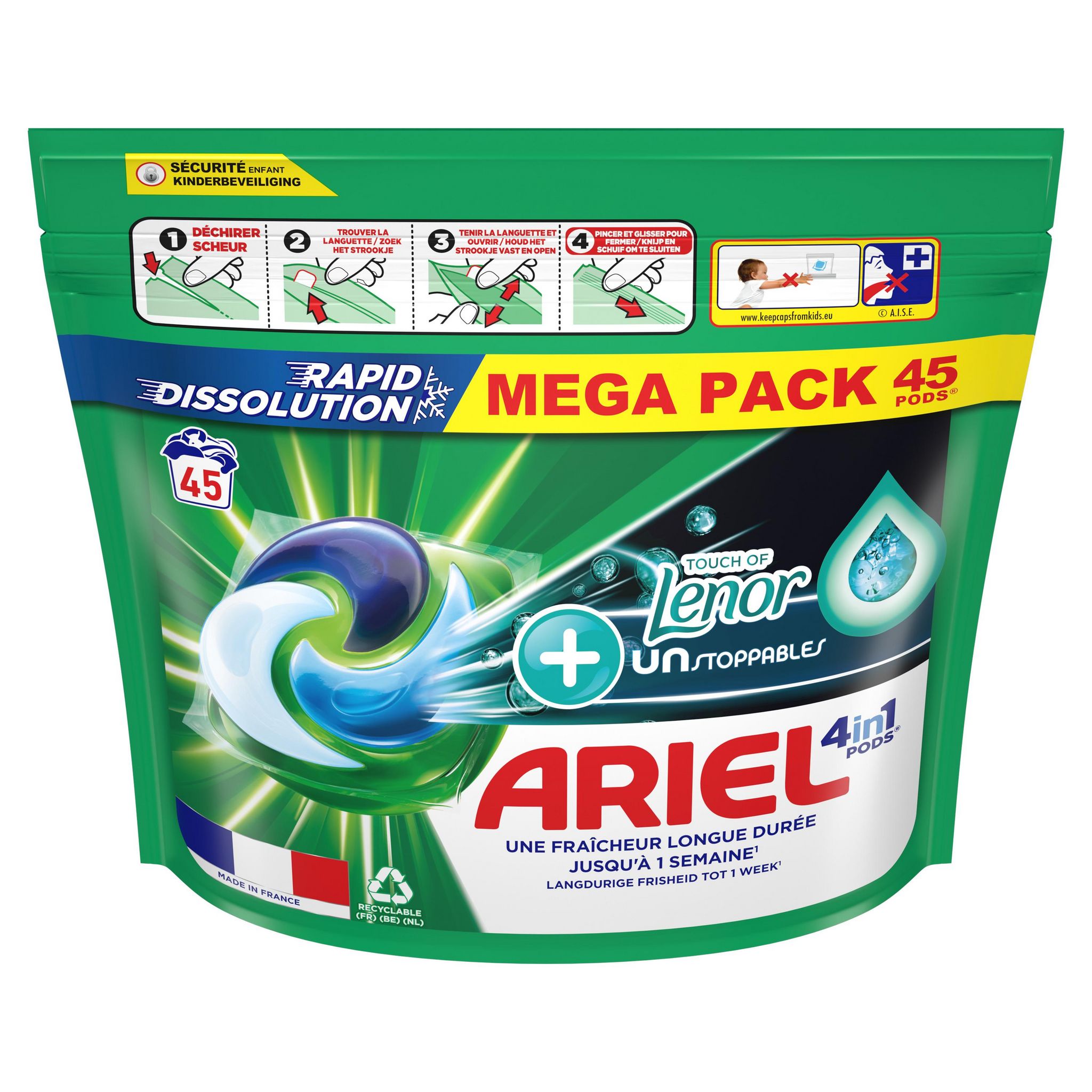 Voir la diapositive 2 : ARIEL Pods lessive capsules 4 en 1 + Touch Of Lenor Unstoppables 45 capsules