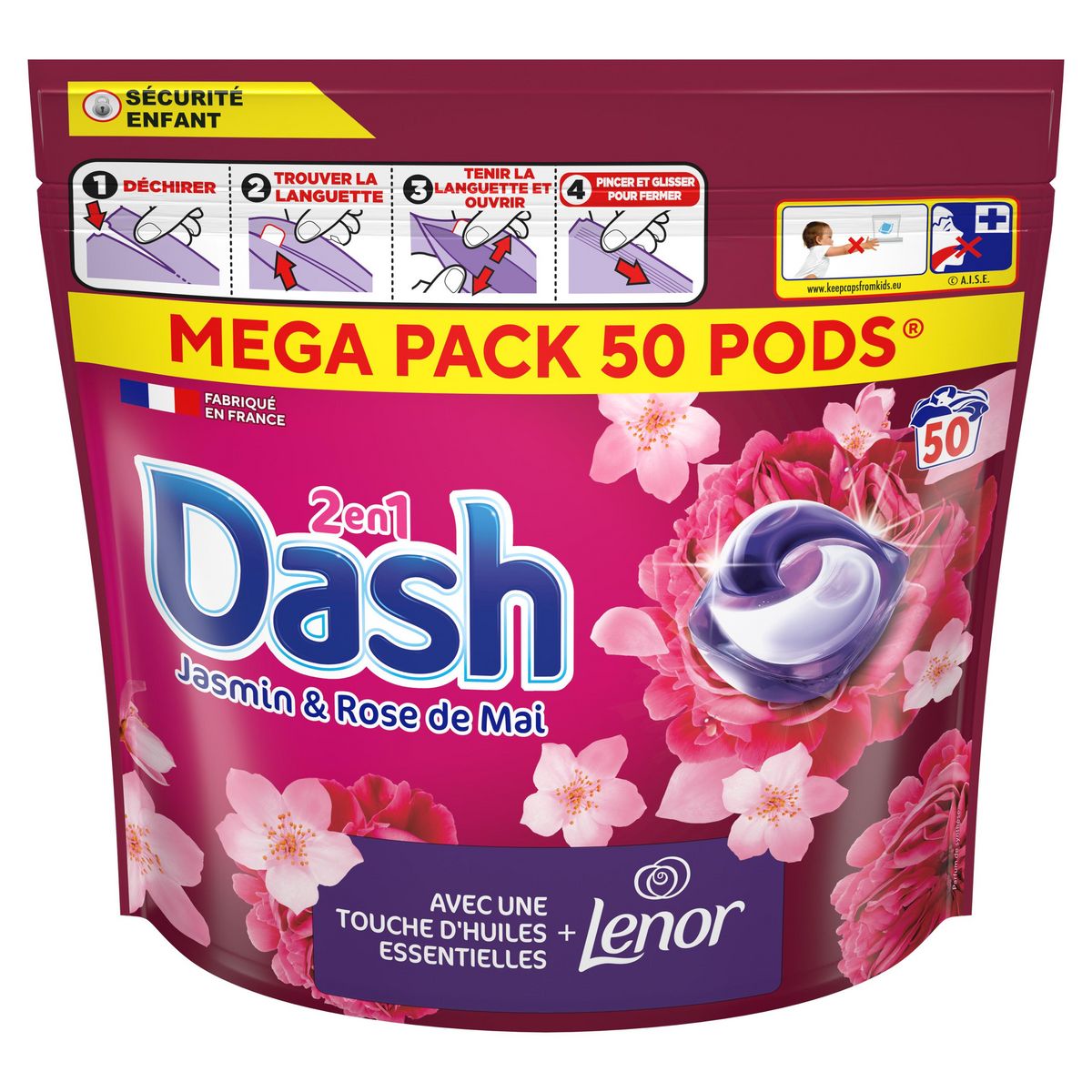 DASH Pods Lessive capsules 2 en 1 jasmin et rose de mai 50 capsules
