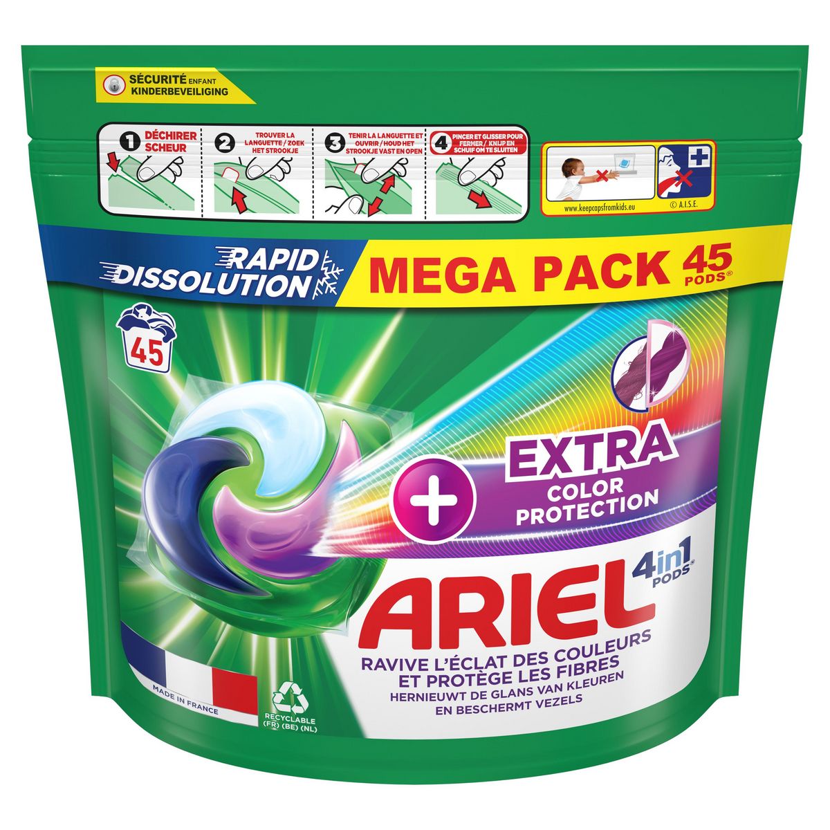 ARIEL Pods lessive capsules 4 en 1 + extra color protection 45 capsules