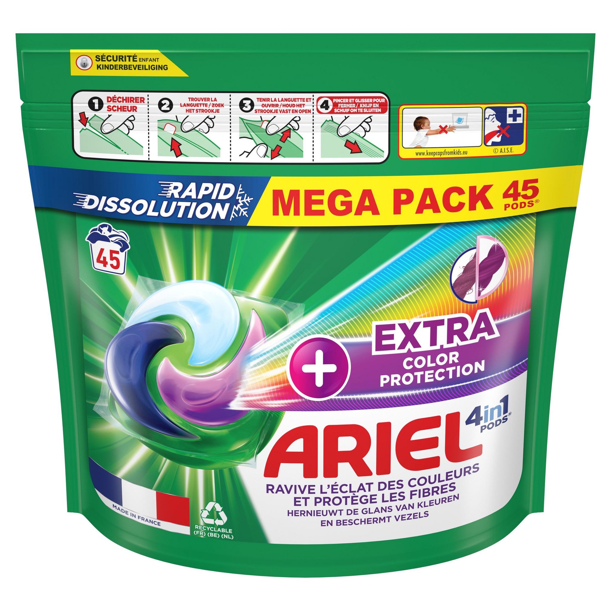 Voir la diapositive 2 : ARIEL Pods lessive capsules 4 en 1 + extra color protection 45 capsules