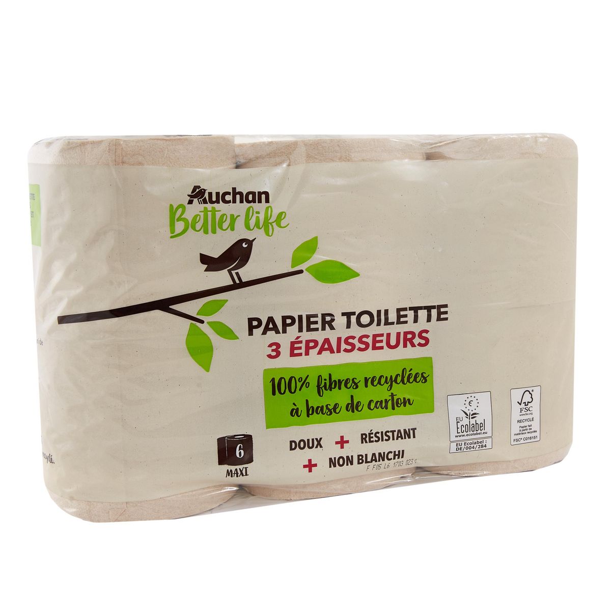 AUCHAN BETTER LIFE Papier toilette non blanchi 3 épaisseurs 6 maxi rouleaux